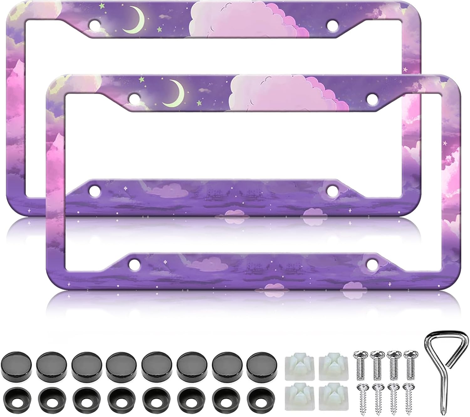 Purple Anime Cloud Moon Star License Plate Frames - 2 Pack Night Scene License Plate Holder Covers,Stainless Steel Rust-Proof Waterproof Car Decorative Tag Frame for Standard US 12x6 Inch