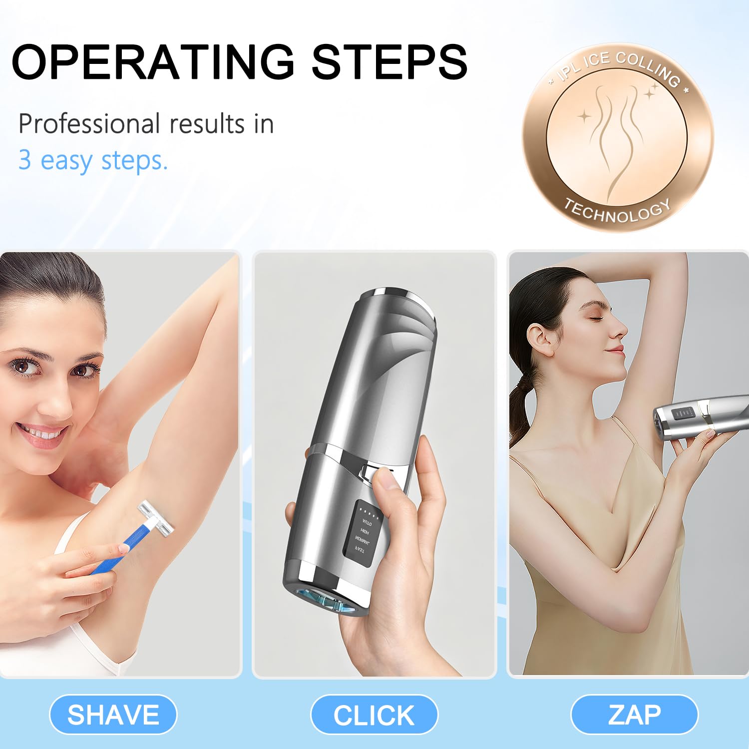 Luce Pulsata, Epilatore Luce Pulsata con Funzione di Raffreddamento, 999,900 Flashs IPL, Epilateur Laser avec 3 Livelli di Energia, per Donna e Uomo, pour Ascelle,Viso, Tutto il Corpo