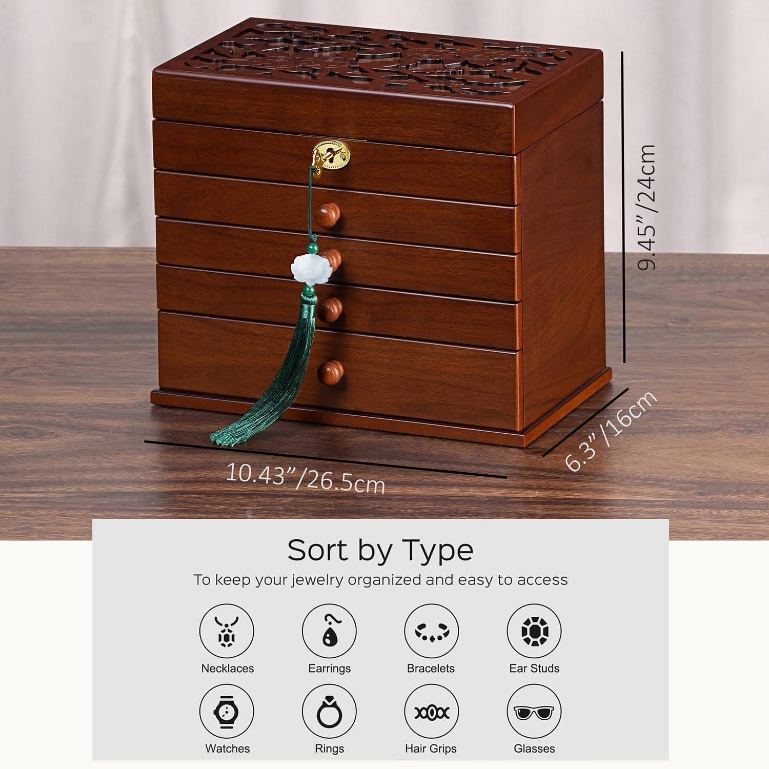 Vintage Wooden Jewelry Box with Dual Key Lock, Carved Top, Necklace Hooks – Antique Jewelry Organizer for Dresser Tabletop, Jewelry Storage Boxes for Women - Image 5