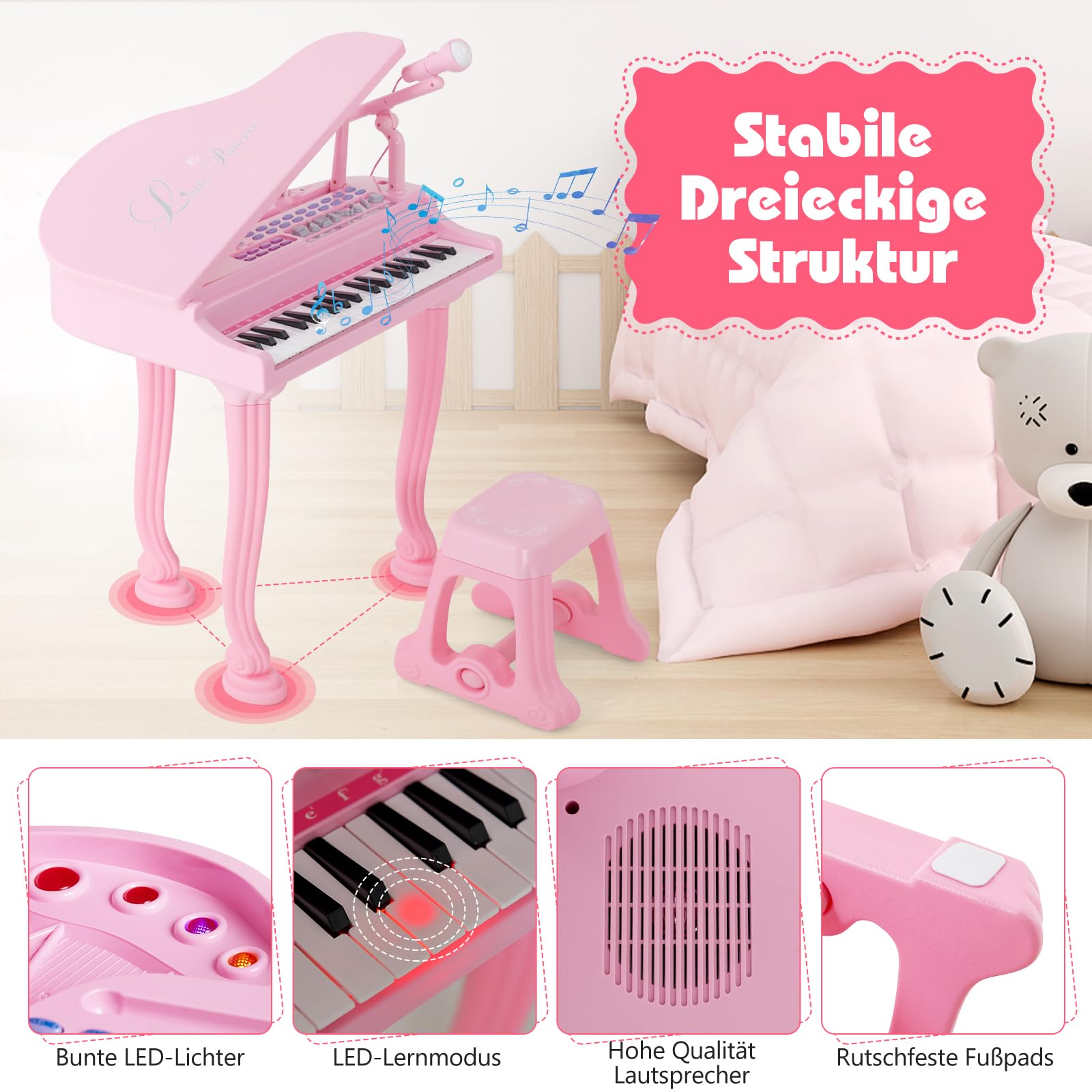 DREAMADE 37 Tasten Keyboard Kinder, mini E-Piano mit Hocker & Mikrofon & 3 Lehrmodi & 8 Rhythmen & Aufnahme, Elektronisches Klavier für Mädchen & Junge ab 3 Jahre (Pink)