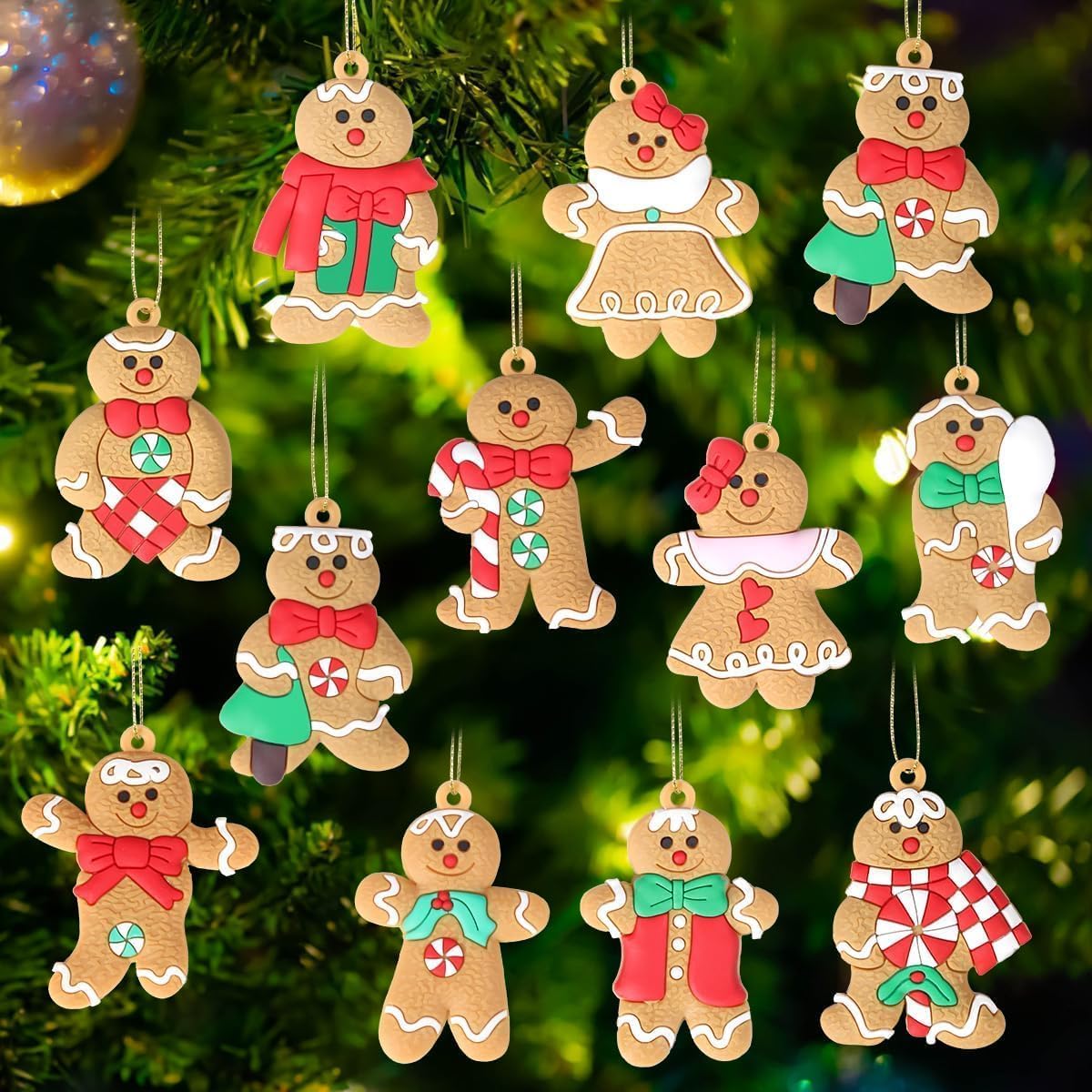T Tersely Christmas Tree Decorations, 12pcs Gingerbread Man Christmas Tree Ornaments Assorted Silicone Gingerbread Figurines Christmas Ornaments for Tree Hanging Christmas Decoration (Gingerbread A)
