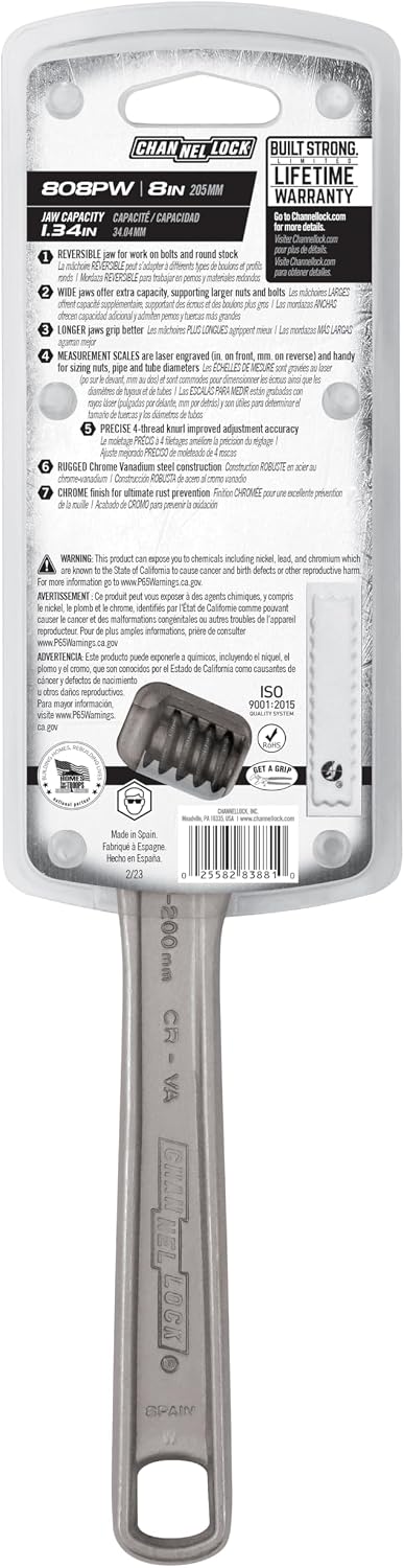 Channellock Adjustable Wrench 808PW - Reversible Jaw, Straight, Polished Finish - 8 In