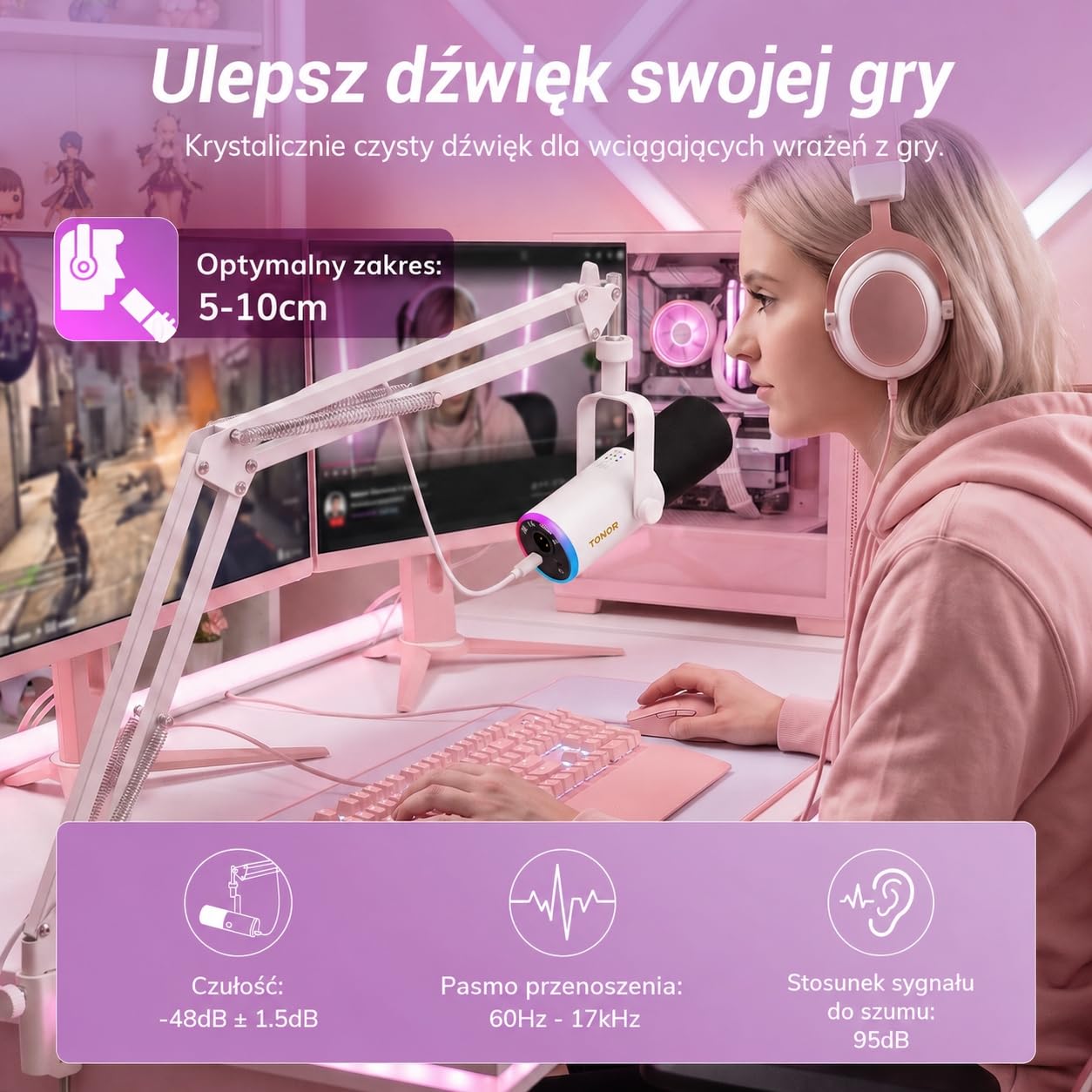 TONOR Dynamiczny mikrofon do gier, mikrofon XLR/USB do strumieniowego przesyłania, redukcja szumów AI, sterowany RGB, wyciszenie, gniazdo słuchawkowe 3,5 mm, mikrofon z ramieniem szubienicowym, biały