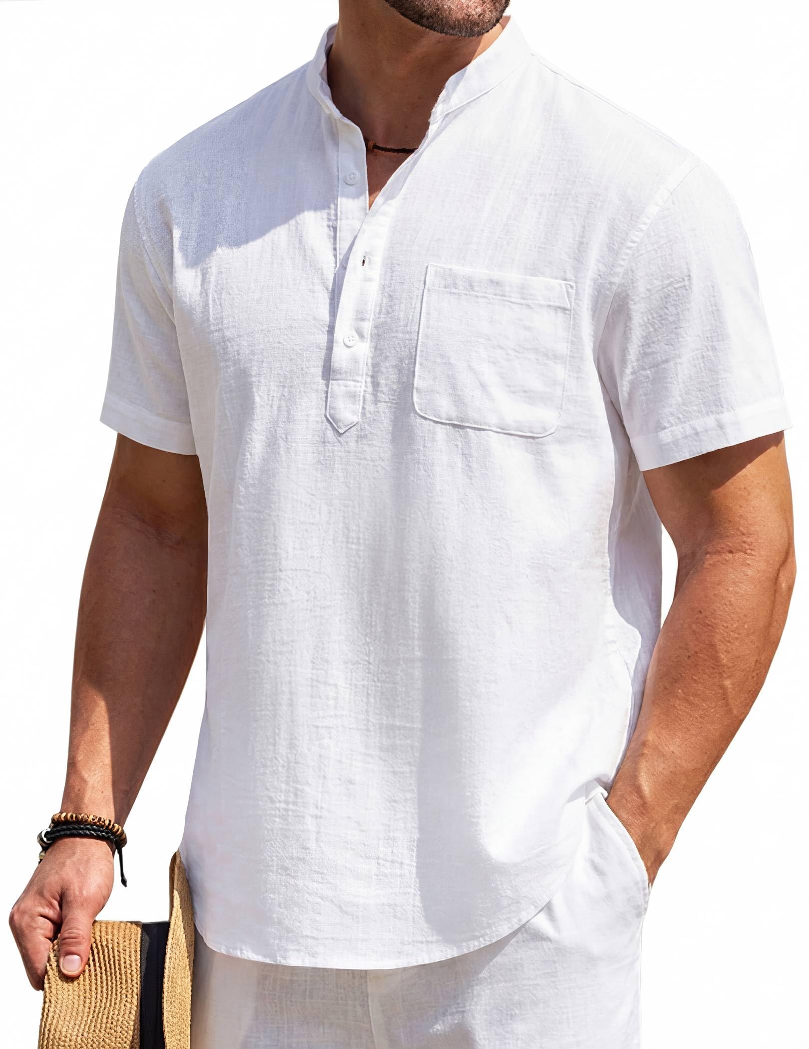 Men's Cotton Linen Henley Shirt Short Sleeve Hippie Casual Beach T-Shirts with Pocket
