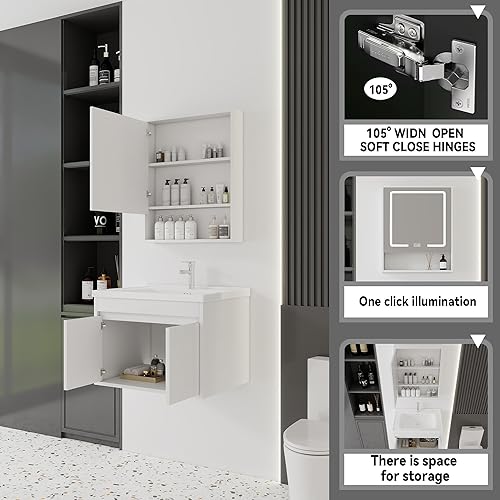 Miniatura 220 de Tocador de baño de 20 pulgadas con lavabo de cerámica, tocador de baño pequeño montado en la pared con puerta de cierre suave, gabinete flotante