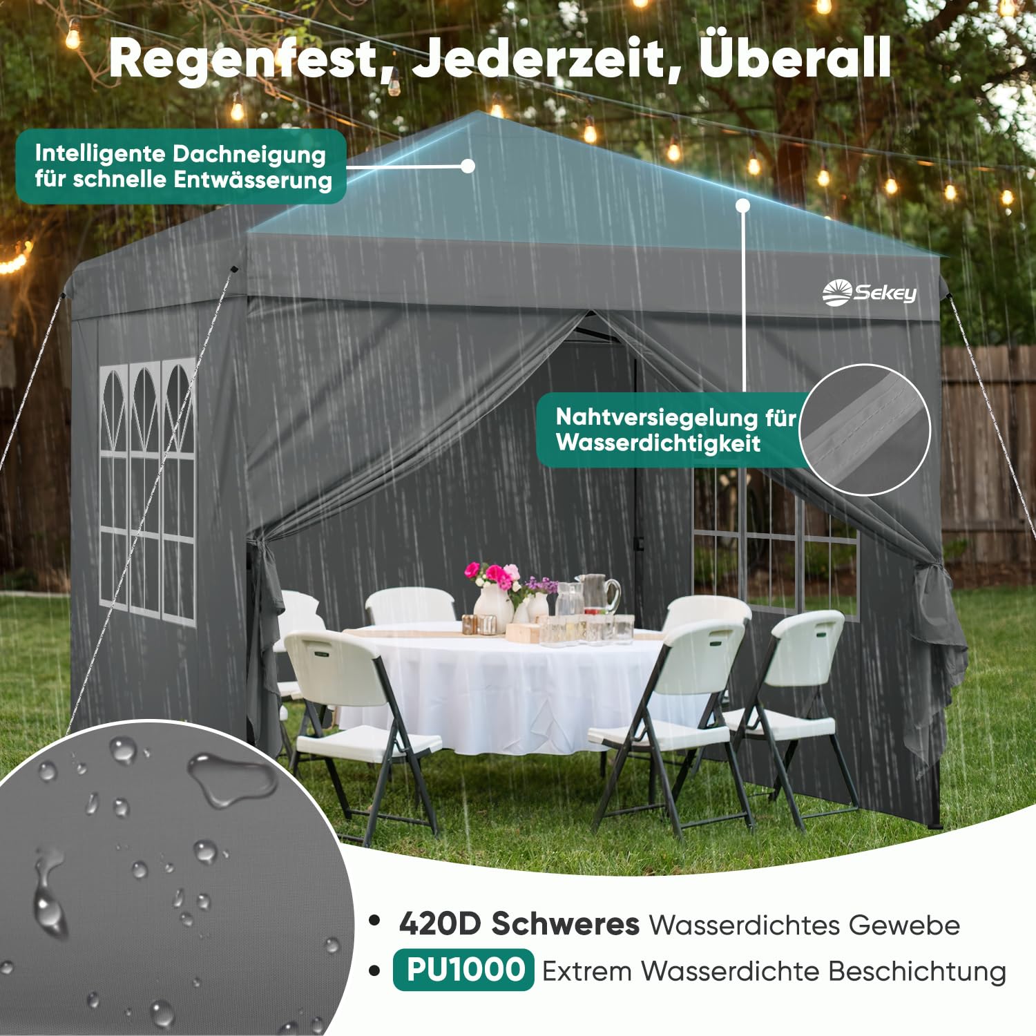 Sekey Tonnelle pop-up de 3 x 3 m, imperméable, stable, pliante, 3 x 3 m, avec parois latérales, tente de fête, pliable, pour camping, fête, hauteur réglable en continu de 250 à 270 cm (gris, 3 x 3 m)