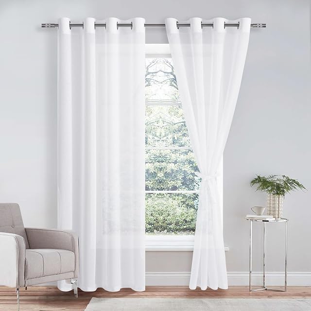 DWCN White Sheer Curtains with Tiebacks Semi Transparent Voile Grommet Curtains Elegant Window Curtains for Bedroom and Living Room,2 Panels,W56 x L94