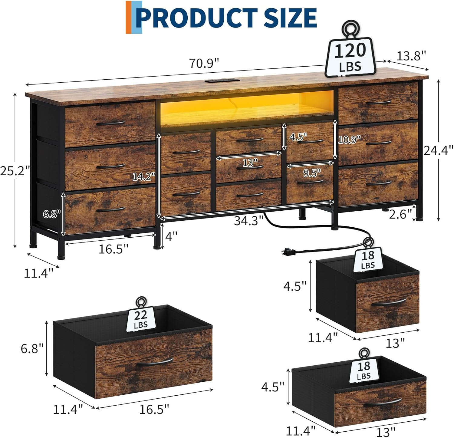 Image showing the Patikuin TV stand dresser with a large TV on top, indicating compatibility with 55, 65, 75, and 80-inch TVs.
