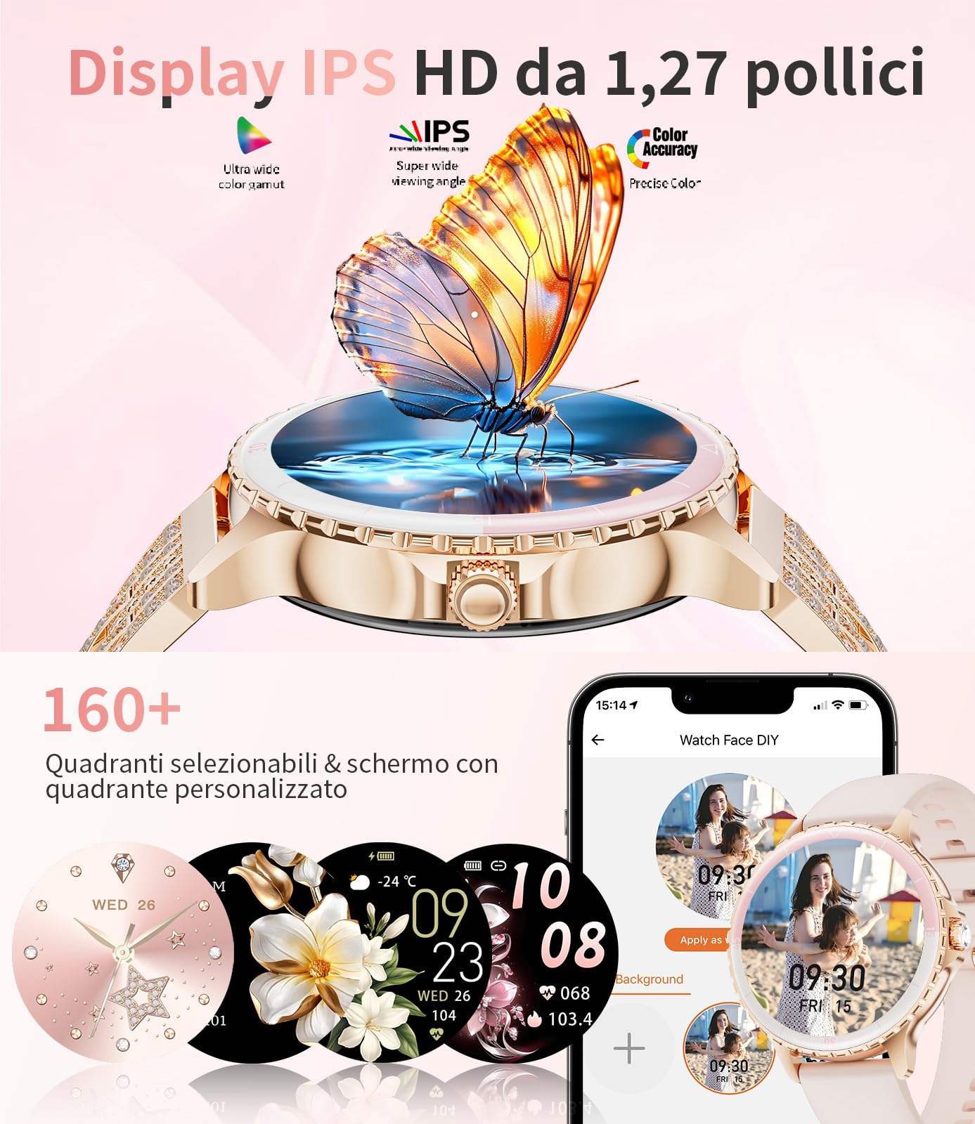 LIGE Smartwatch per Donna, Chiamata Telefonica, 1,27 Pollici HD, Rotondo, Elegante, Oro Rosa, Acciaio Inossidabile, Diamante, Smartwatch Donna, per Android iOS, 100+ Modalità Sportive, Frequenza