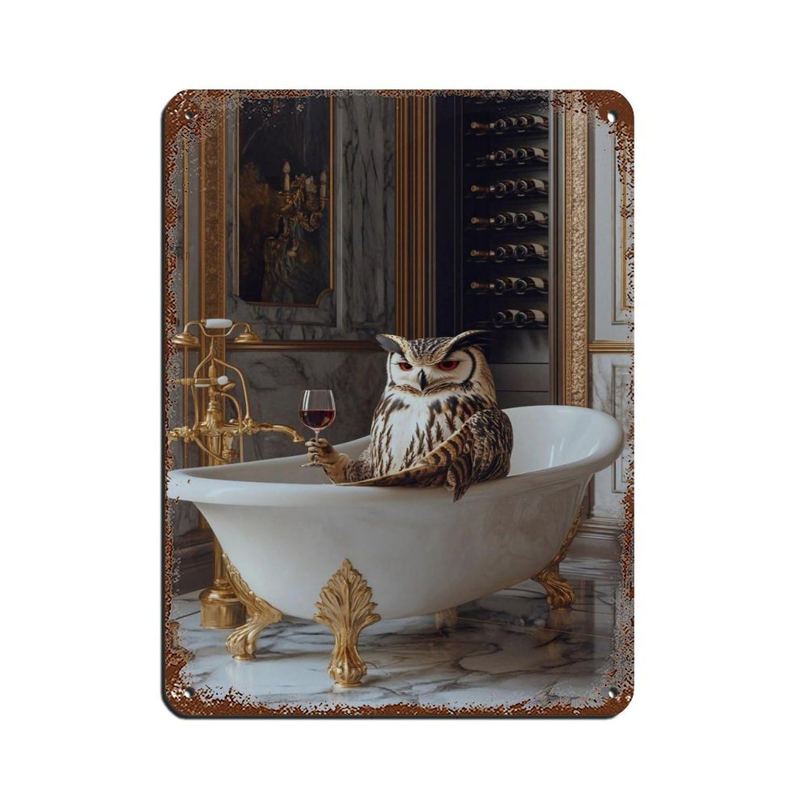Sophisticated Owl in Vintage Bathtub Retro Poster Metal Tin Sign Chic Art Retro Iron Painting Bar People Cave Cafe Family Garage Poster Wall Decoration 12x16inch(30x40cm)