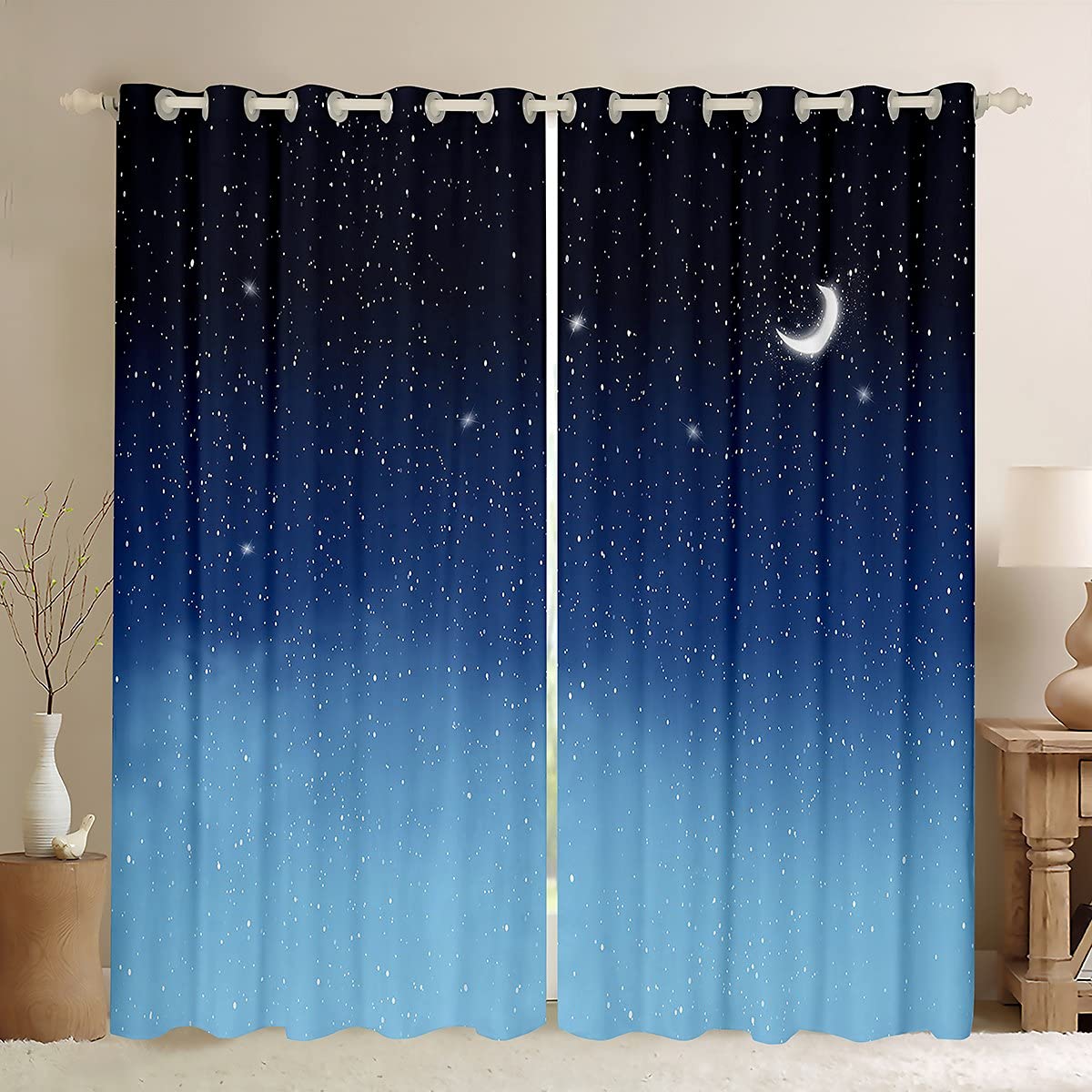 Loussiesd Blaue Galaxie Fenstervorhang 245x140cm Stern Mond Bedrucktes Vorhänge Teenager Kinder Mädchen Jungen Blickdichte Vorhänge Mikrofaser Galaxis Weltraum Thema