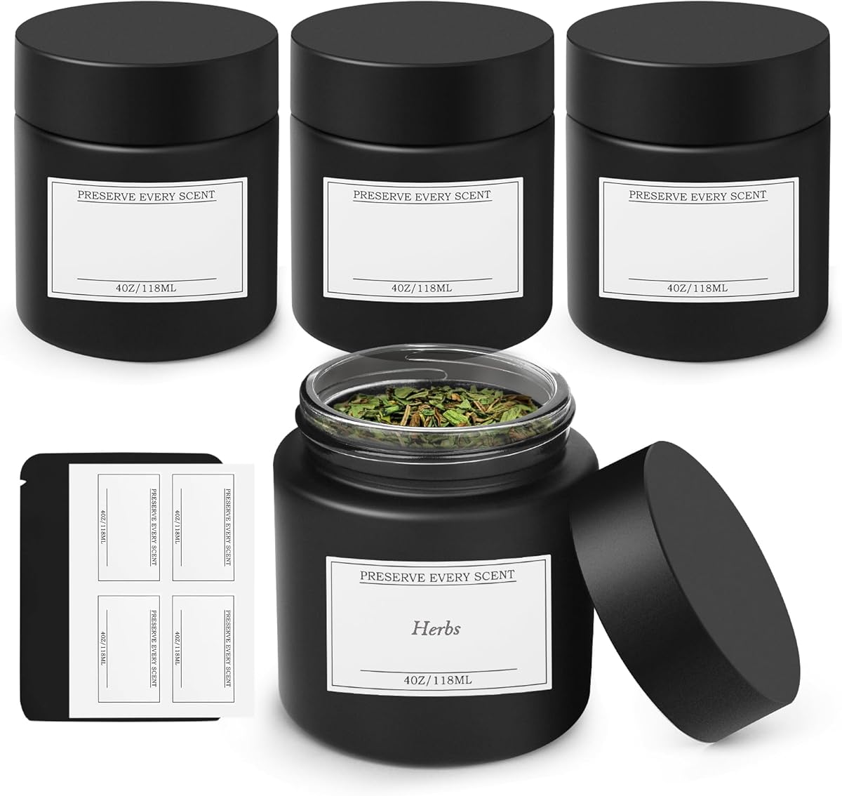 Smell Proof Jar Glass 4 OZ, 4-Pack Air Tight Glass Storage Jars, Thicked UV Protection Container for Herbs & Teas, Coffee, Child-Resistant Lids With Labels Resealable Bag (Black）