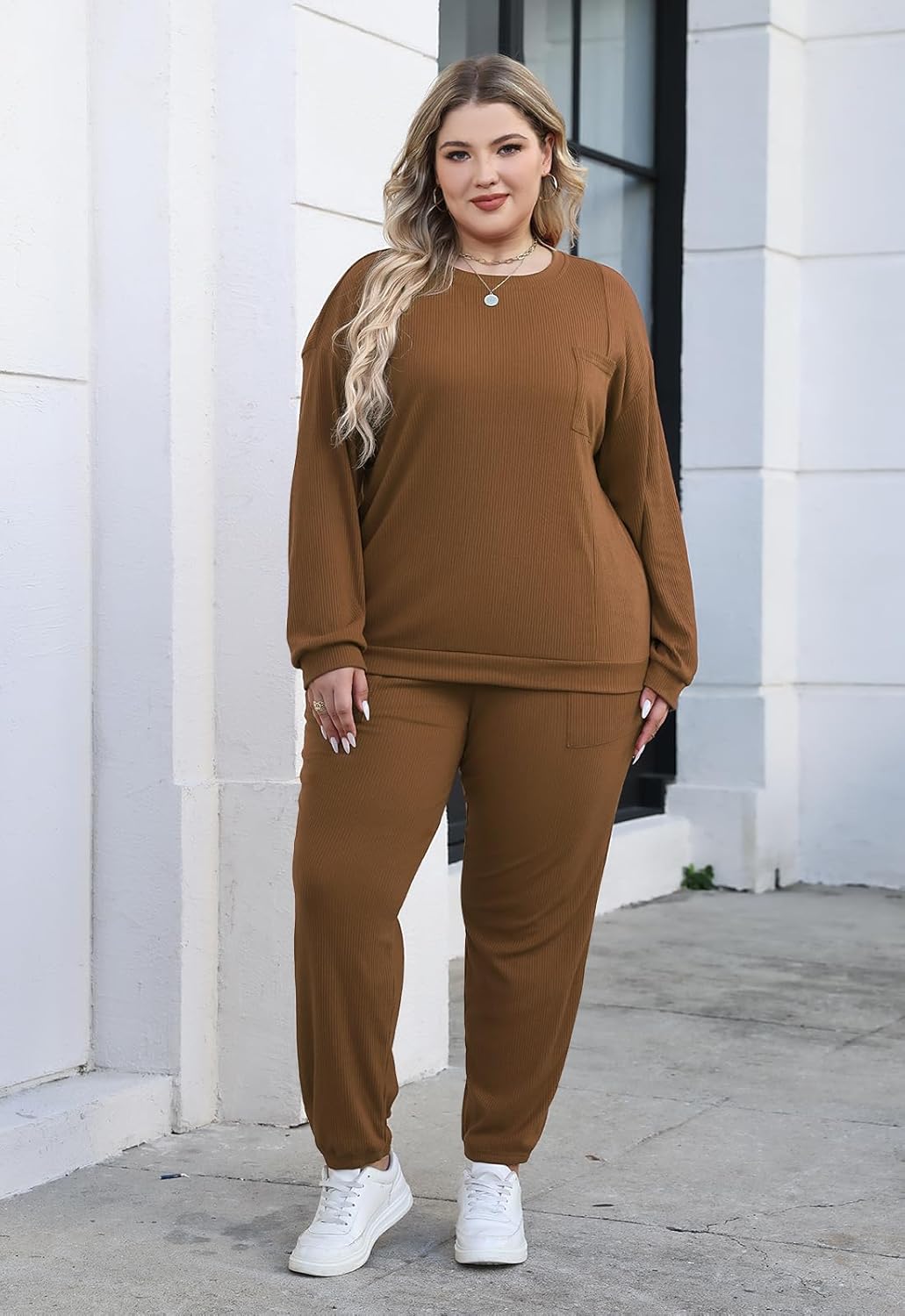 Nemidor Womens Plus Size 2 Piece Fall Matching Lounge Sets Tracksuits Casual Ribbed Knit Long Sleeve Outfits with Pocket - Image 2