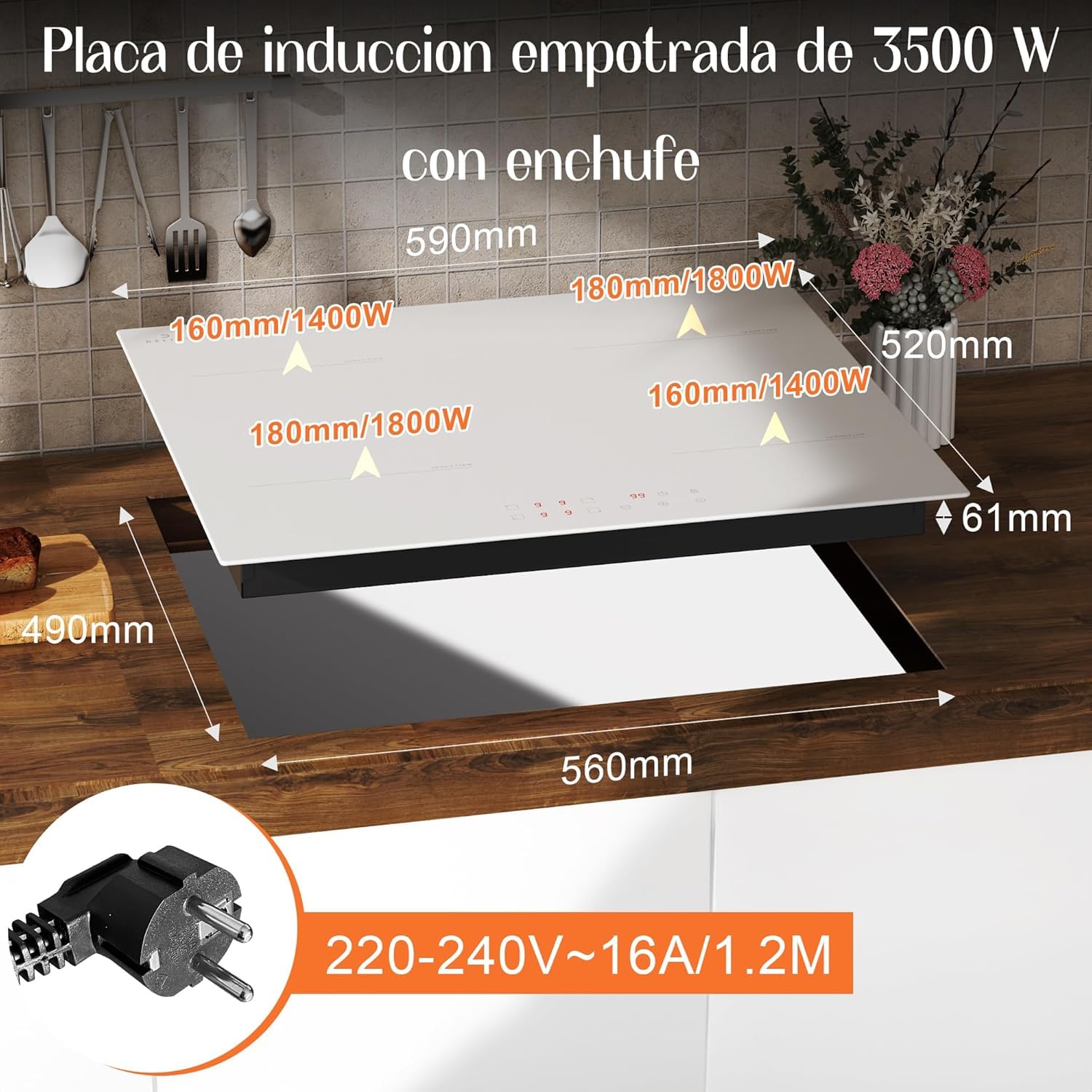 Placa de Inducción 4 Fuegos Blanco DELITEER, Empotrable, 60 cm | Vitrocerámica Blanca, Control Táctil, Bloqueo de Seguridad, Temporizador, 220 V ~ 240 V, 3500 W, con Enchufe