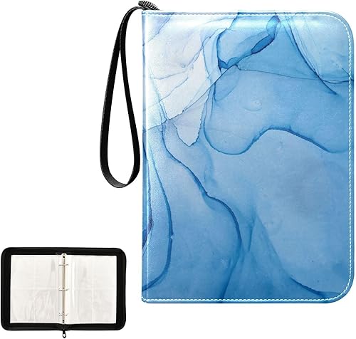 Miniatura 2 de Carpeta de tarjetas de mármol azul con 4 bolsillos con 50 fundas para almacenamiento de tarjetas con cremallera para 400 tarjetas, 3 anillas,