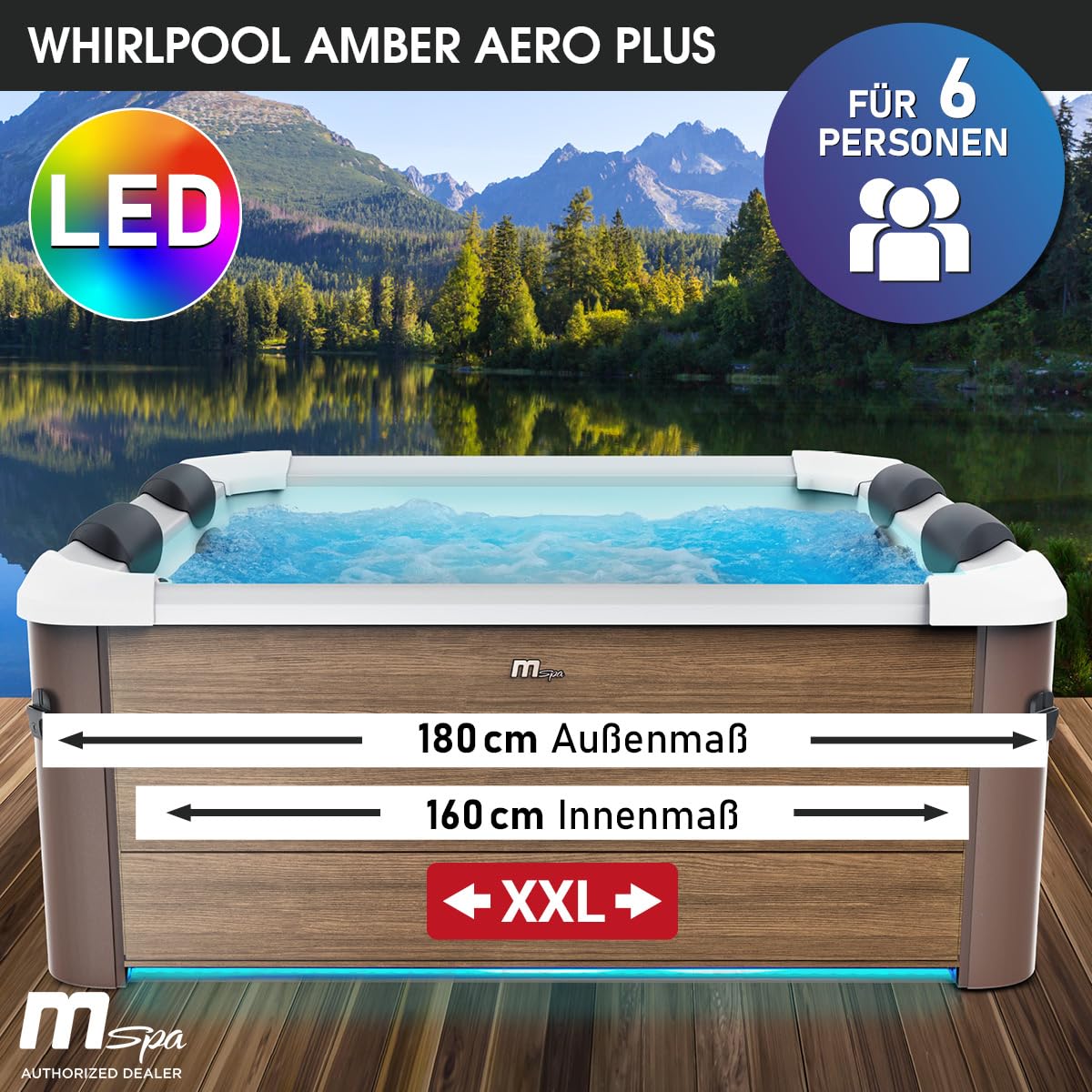 BRAST Whirlpool MSpa Amber Aero Plus mit Fester Außenwand | 180x180x65cm für 6 Personen | 140 Massagedüsen | LED-Beleuchtung in 20 Farben | Ganzjähriger Einsatz Winterfest | In & Outdoor Pool