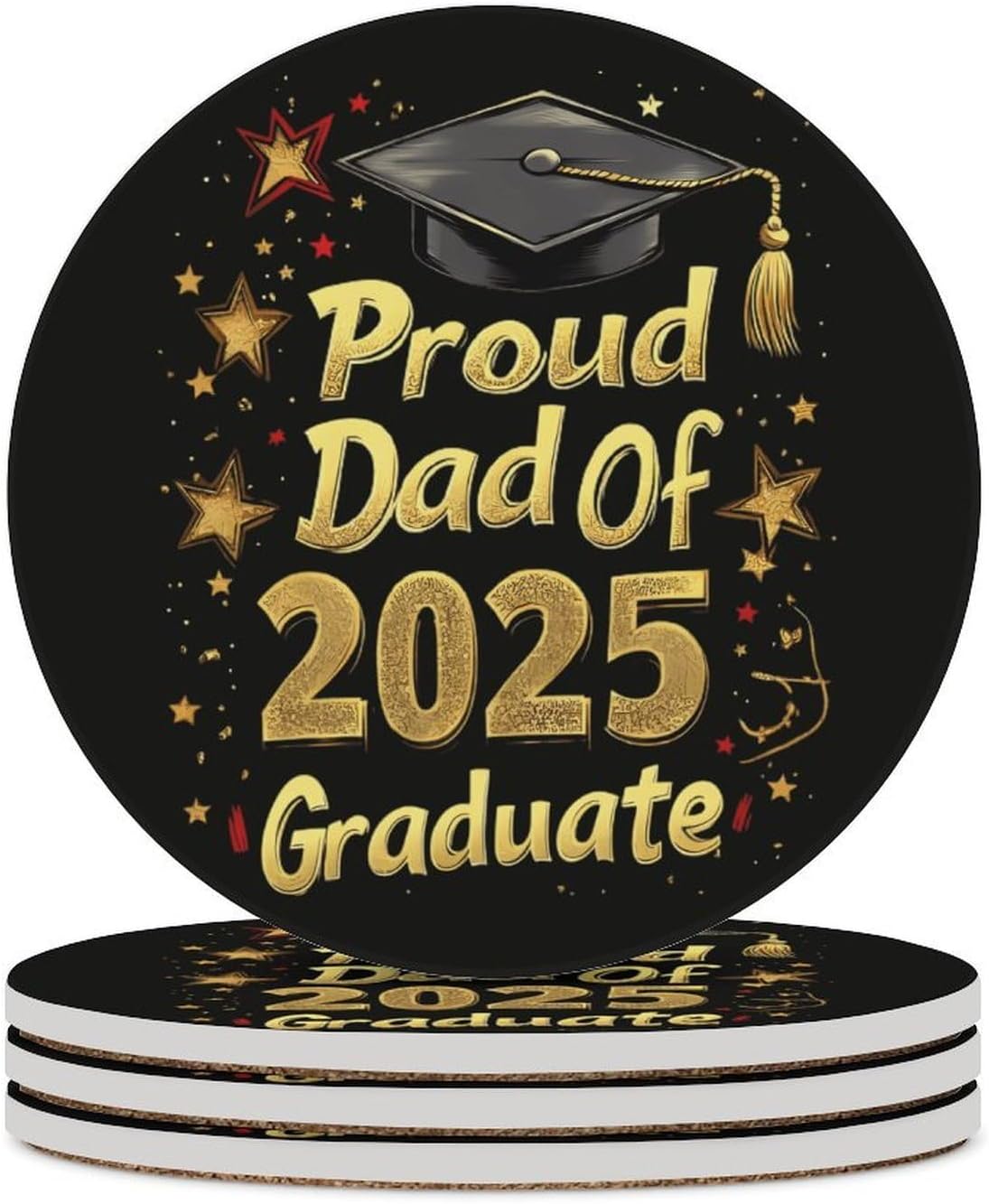 Proudful DAD of 2025 Graduate Round Ceramic Coasters for Drinks Absorbent Cup Holder Tabletop Protector with Cork Base