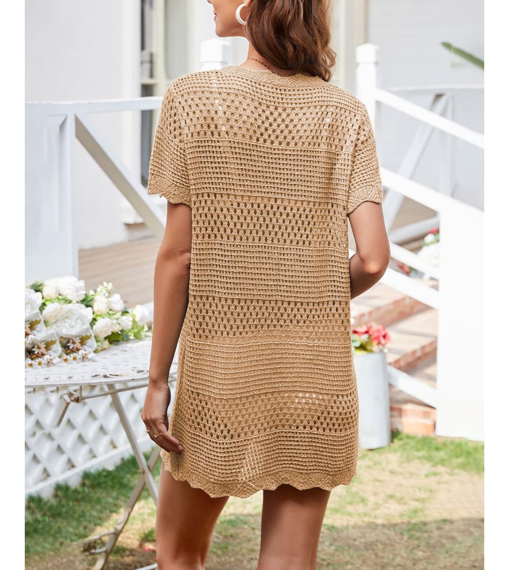 Copricostume Estivo da Donna in Maglia all'Uncinetto con Maniche Corte Traforato Vestito Bikini