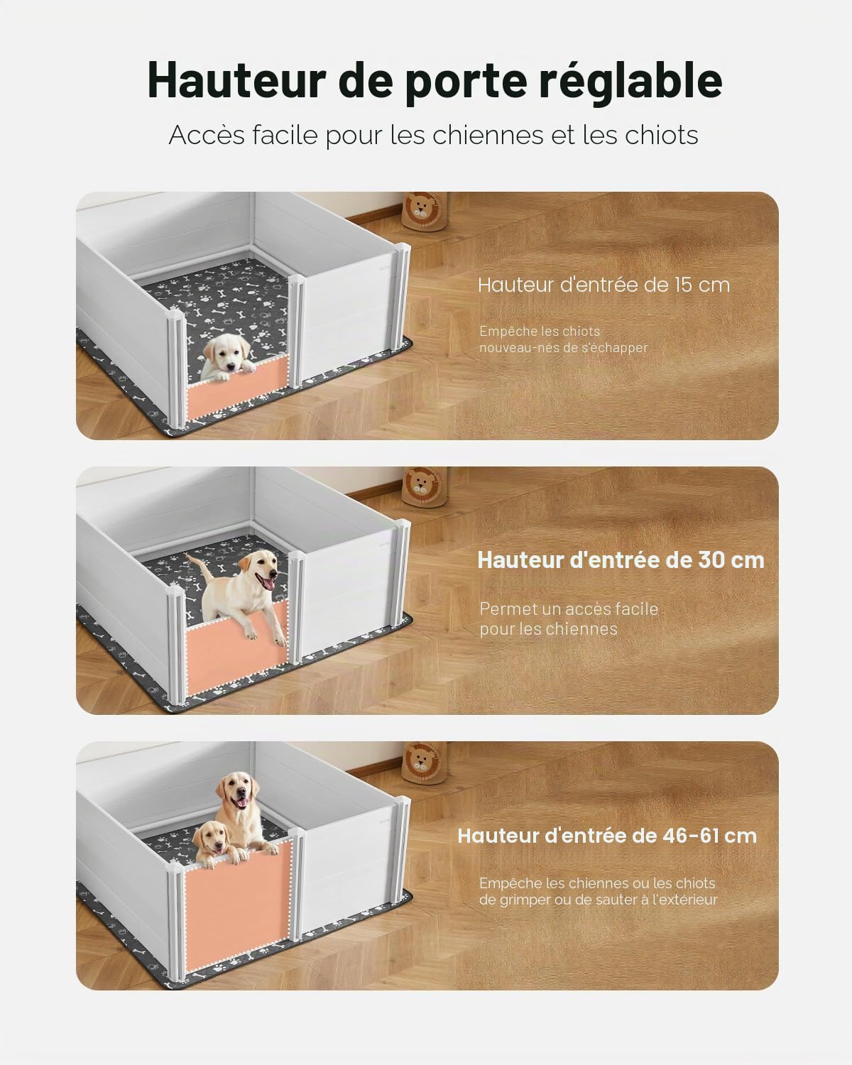 VEVOR Parc de Mise Bas pour Chien, 152x152x61 cm, Caisse de Mise Bas pour Chiots, avec Porte Hauteur Réglable, Tapis d'Urine Lavable, Boite de Naissance Plastique PVC pour Chiens de Très Grande Race