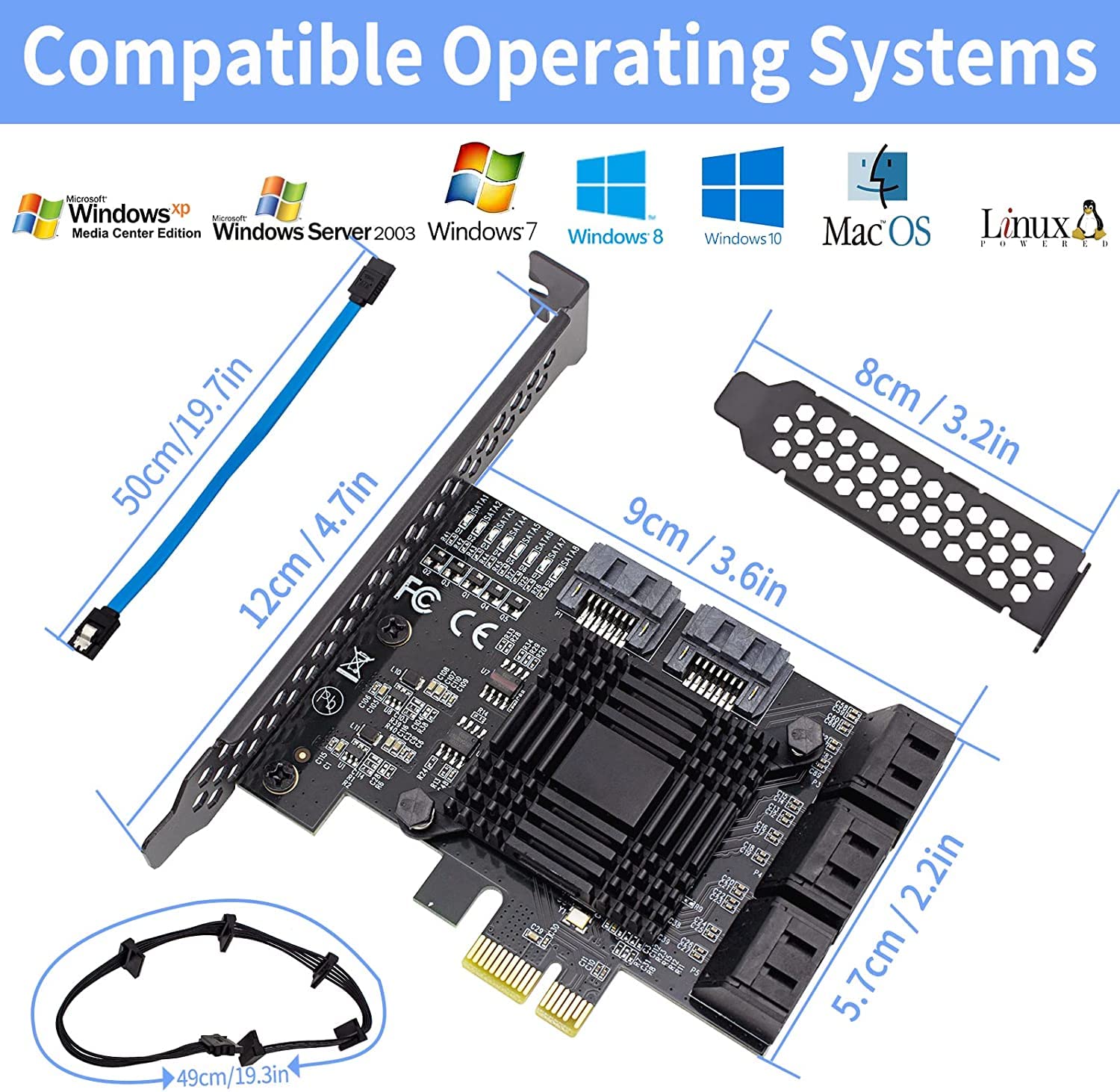 8-port SATA 3.0 PCIe Controller Card, 6 Gbps, 8 SATA Cables, Windows/Mac/Linux Compatible