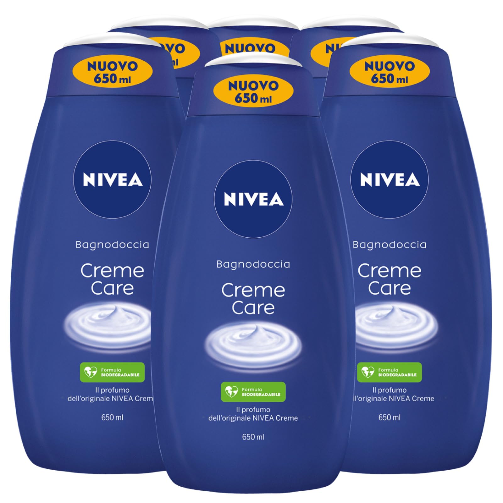 Nivea Krem do kąpieli pod prysznic Creme Care, biodegradowalna formuła o zapachu oryginalnego kremu Nivea, nawilżająca, pielęgnująca, do wszystkich rodzajów skóry – 6 butelek po 650 ml