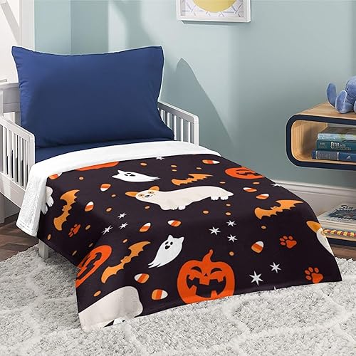 Miniatura 6 de Manta de calabaza de Halloween con diseño de corgi, ligera, de franela, de vellón, cálida y acogedora, para ropa de cama y sofá de invierno, 50 x 60