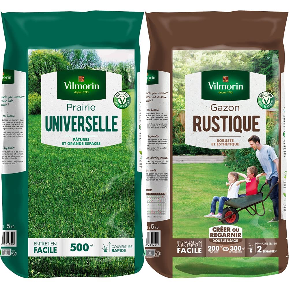 VILMORIN - Prairie Universelle - Pour pâtures et grands espaces - Idéale pour les animaux - Robuste -Entretien facile - Couverture rapide - 5 Kg = 500 m² de Prairie & 4460416 Gazon Rustique, Vert, 5kg