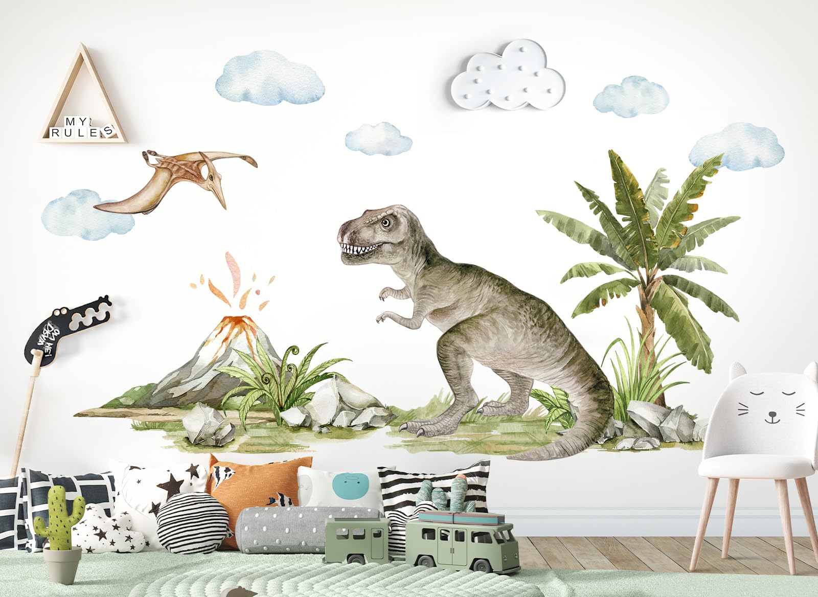 Grandora XXL Dinosaurier Wandsticker Dino T-Rex Vulkan Wandtattoo Kinderzimmer Wandaufkleber Tiere Babyzimmer selbstklebend Wanddeko DL845-5
