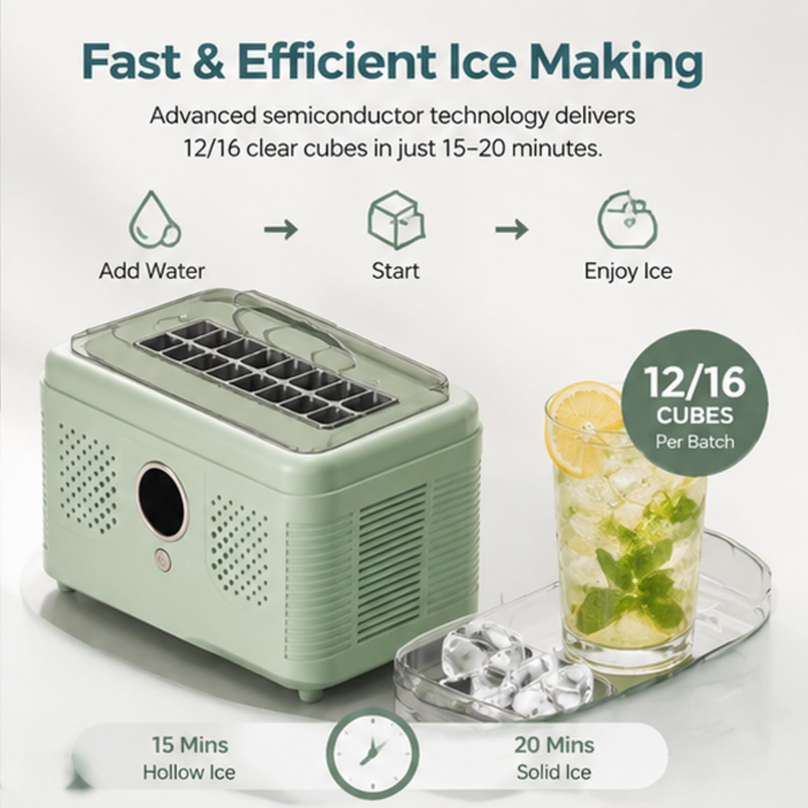 Máquina para hacer cubitos de hielo portátil con estante desmontable, mini máquina para hacer hielo automática para automóvil, 12 cubitos en 15 minutos para viajes en casa, cocina, cam green 16 cubes