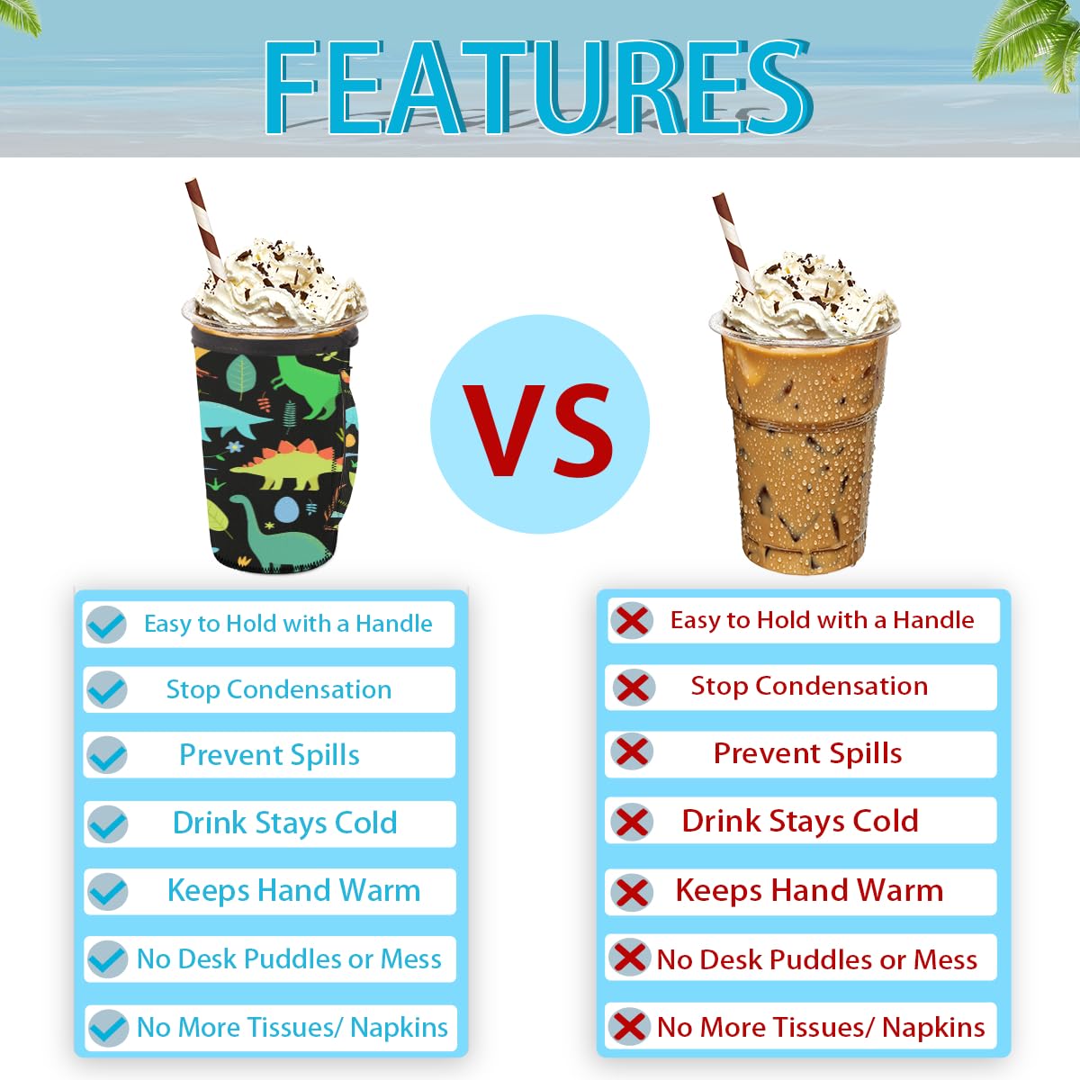 Reusable Iced Coffee Sleeve With Handle - Neoprene Insulator For 24-28oz Cups, Dinosaur & Cactus Prints - View #10
