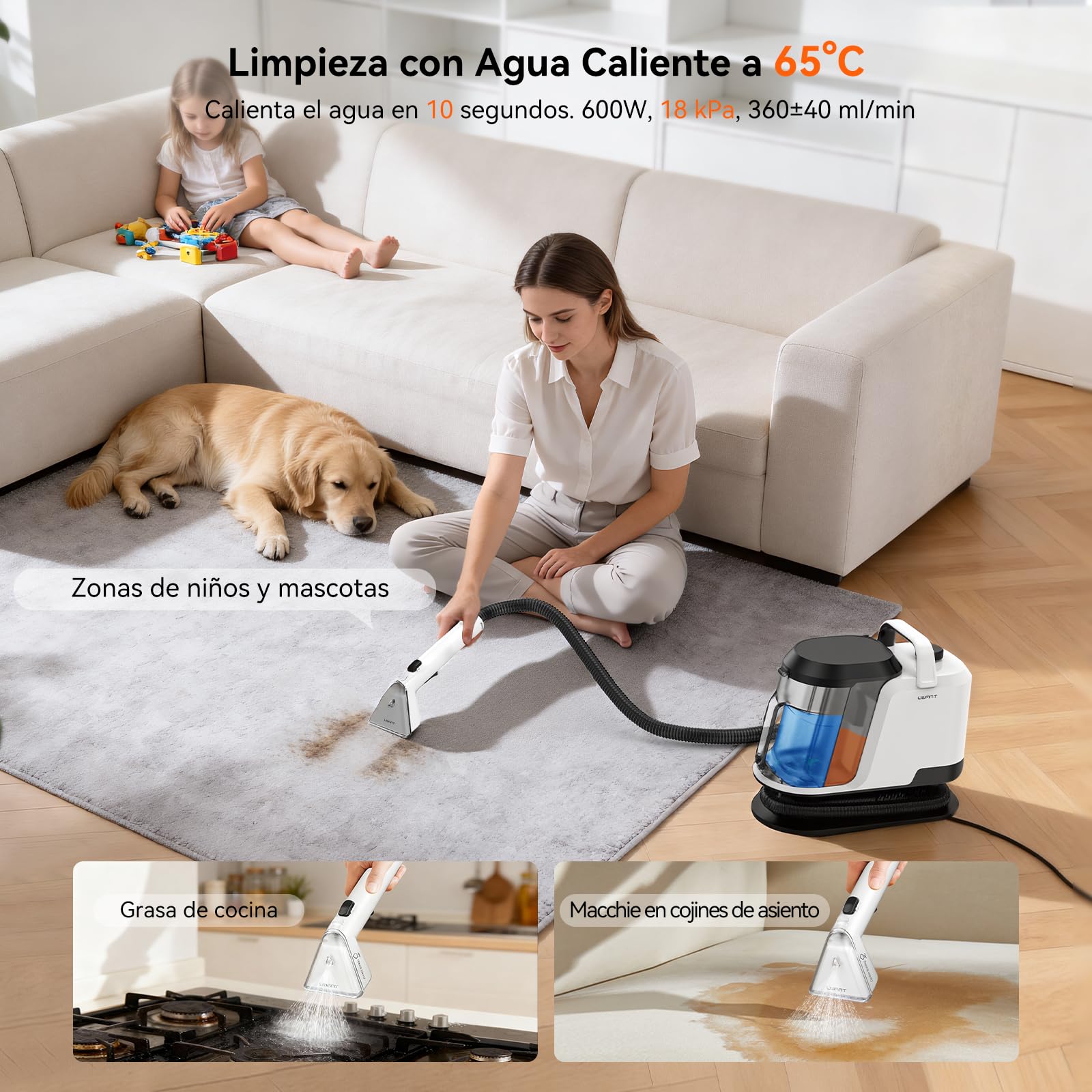 Uwant Aspiradora de Agua Tapiceria Lava y Aspira con Vapor Y100S 1750W 18KPa, 3 en 1 Frío/Agua Caliente 65℃/Vapor 100℃, Portátil, Cepillos mult. Limpia Sofá/Alfombras/Coche/Cocina, 2.4L Depósito