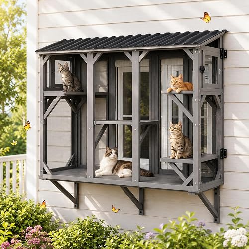 Garvee 70" Window Catio Cat Enclosure, Outdoor Wood Cat House, Grey | 3 sided window access with fine mesh screen and removable tunnel ready door for active indoor cats - Grey - Cat Window Perches