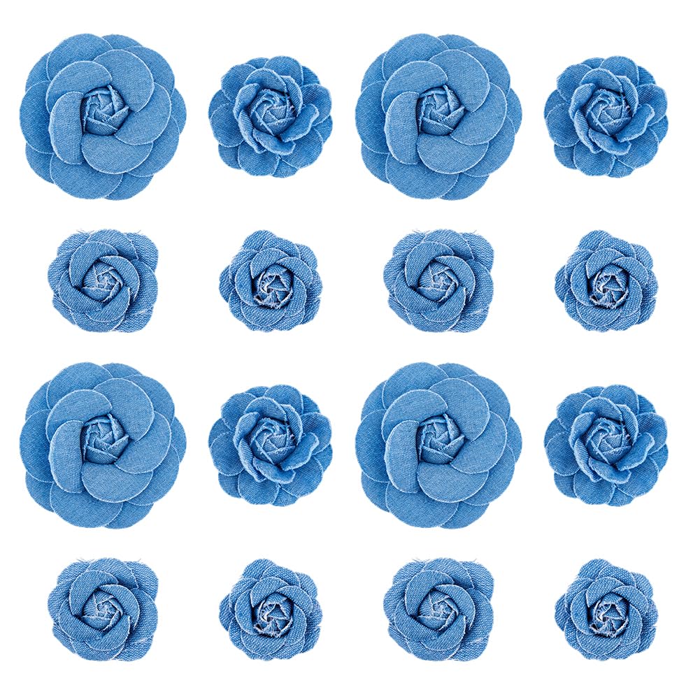 SUPERFINDINGS 16 Kamelie-Stoffblumen Aus Jeansstoff – Marineblau, 4 Verschiedene Stile, Für Kleidung & Deko