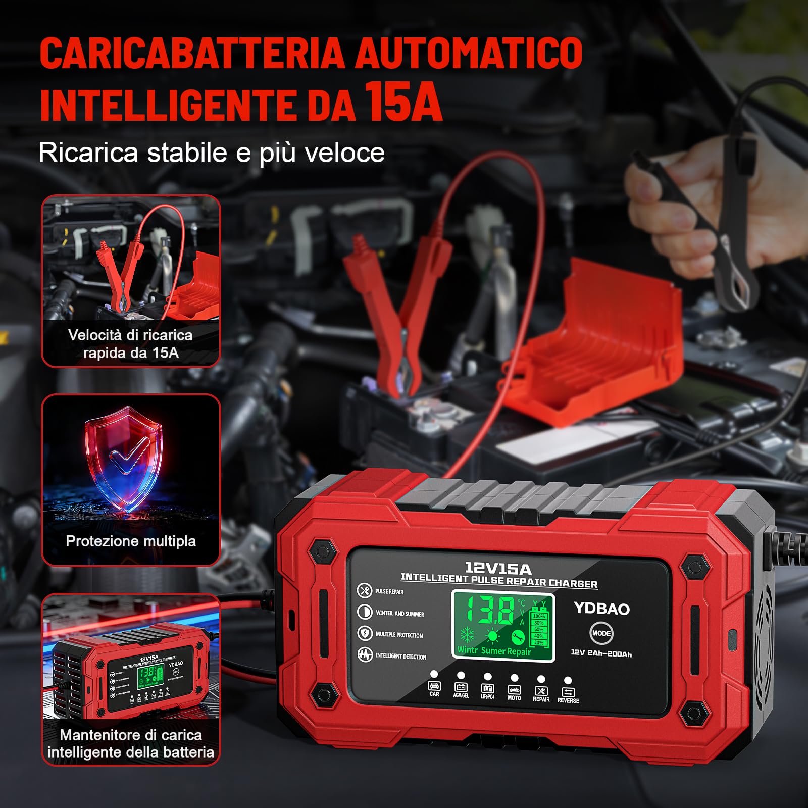 YDBAO 15A Caricabatteria per Auto 12V 15A Caricabatterie Intelligente Completamente Automatico da Auto con Display LCD con Compensazione della Temperatura per Moto Auto Batteria AGM Barche
