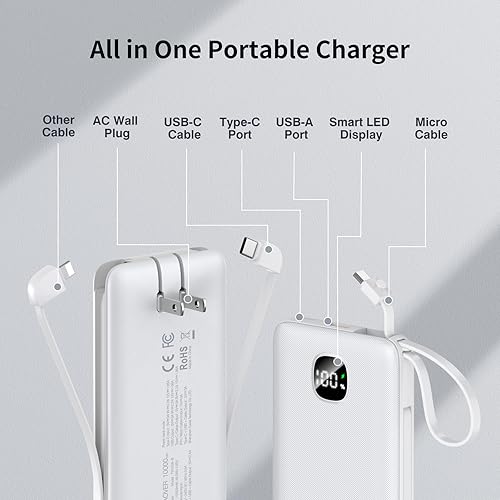Miniatura 2 de Cargador portátil con cables integrados y enchufe de pared de CA, delgado 10000mAh 22.5W, cargador de energía de carga rápida, 5 salidas y 2
