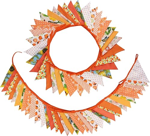 Zwiebeco Banderines de tela naranja de 32 pies, banderas triangulares, decoraciones de fiesta, guirnalda floral de algodón para otoño, otoño,