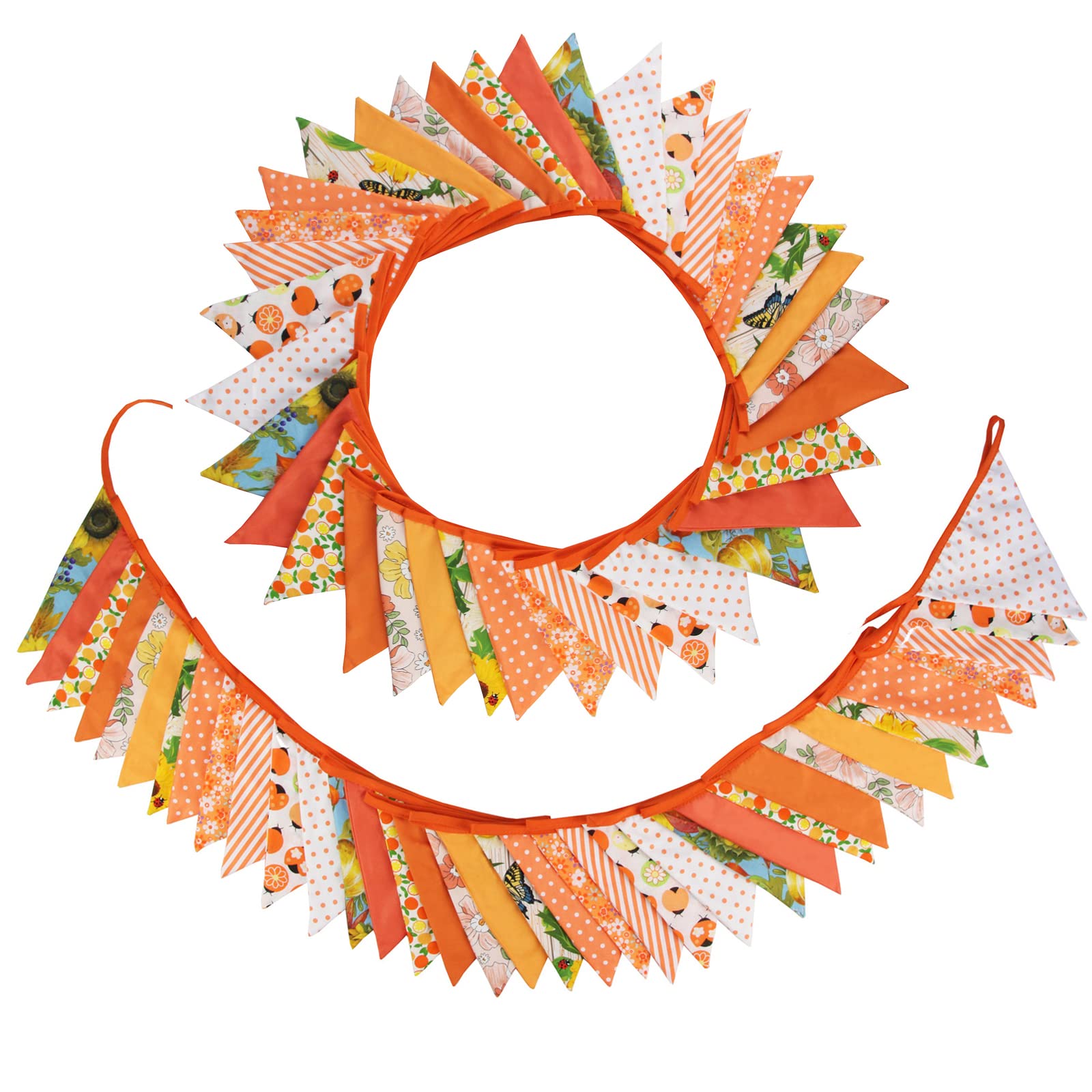 Zwiebeco Banderines de tela naranja de 32 pies, banderas triangulares, decoraciones de fiesta, guirnalda floral de algodón, banderín para otoño, Acción de Gracias, cosecha, cumpleaños, boda, aula