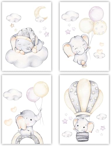 Miniatura 1 de Canssape Juego de 4 decoraciones de pared de elefante para habitación de bebé niño, 8 x 10 pulgadas, preciosas impresiones artísticas de elefante