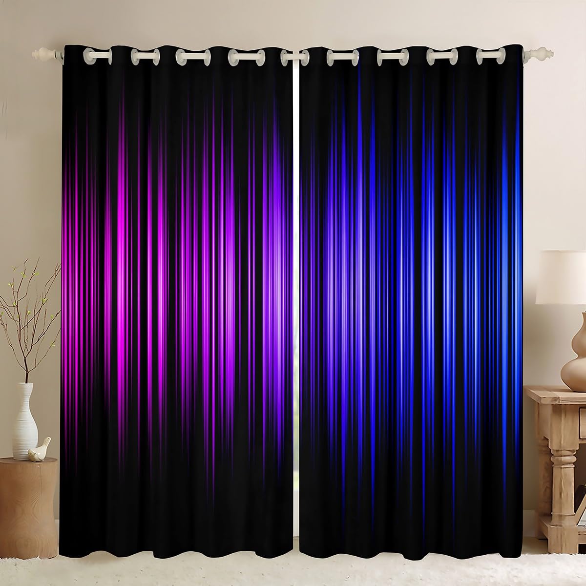Feelyou Geometric Abstract Ombre Blackout Curtains Purple Blue and Black Window Curtains Boys Girls Ombre Gradient Lines Darkening Drapes Abstract