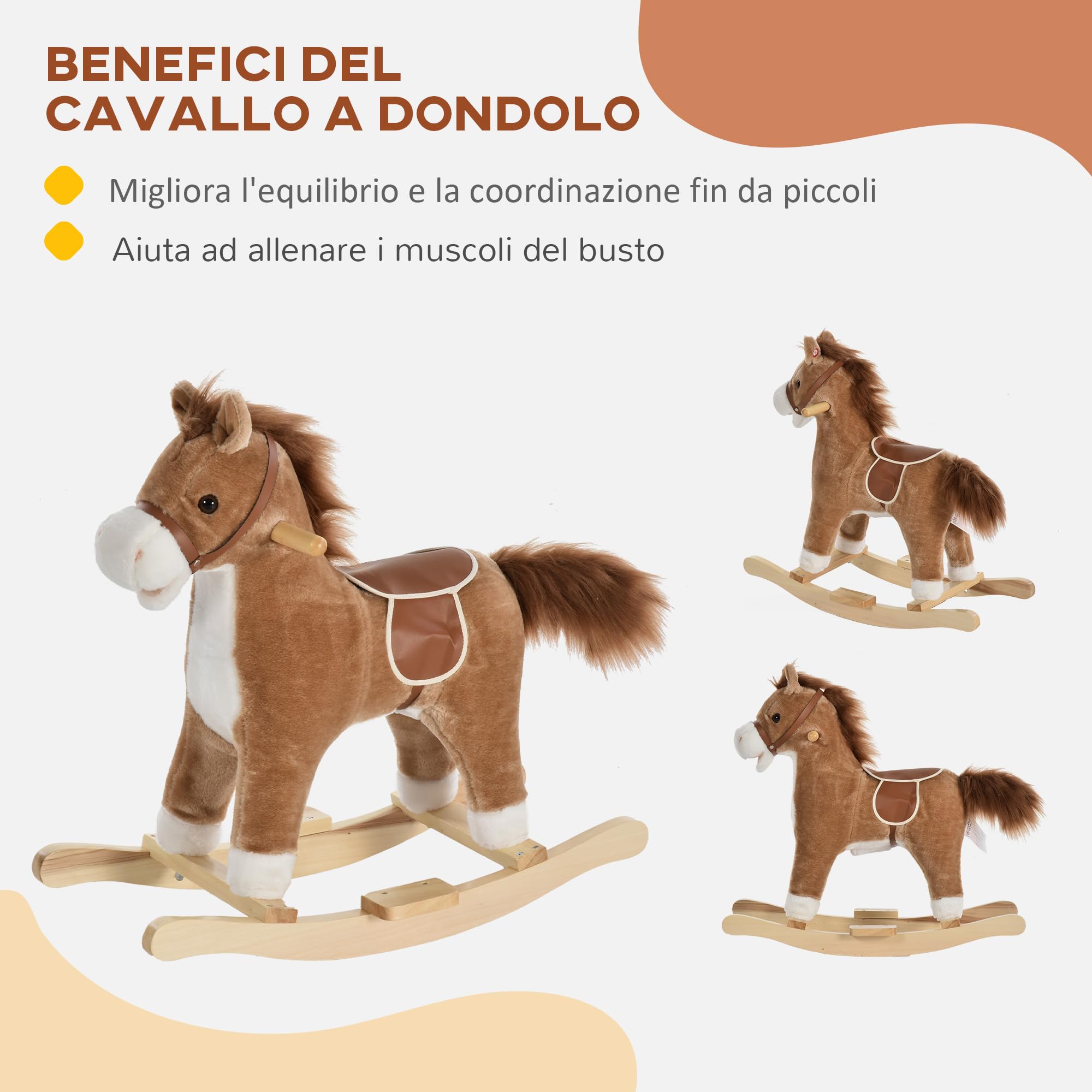 HOMCOM Cavallo a Dondolo per Bambini, Cavallino a Dondolo Bambini 36-72 Mesi, Cavalluccio Giocattolo con Suoni Realistici e 2 Batterie AA, Marrone