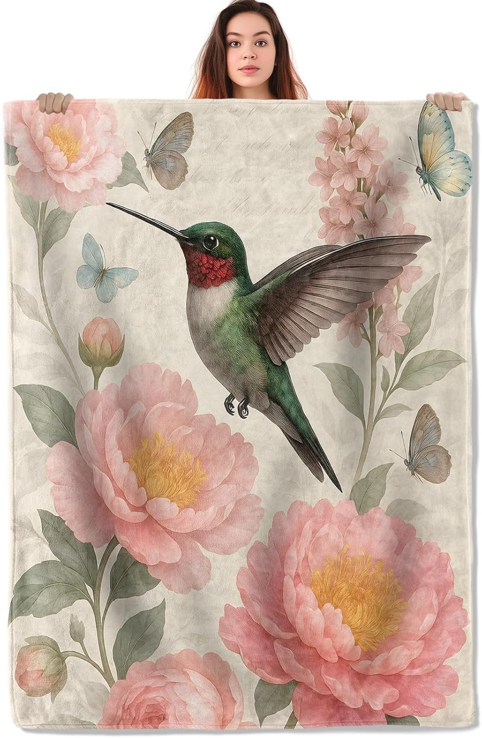 Floral Hummingbird Throw Blanket, Warm Flannel Blankets Garden with Flower Butterfly and Leaf, Vintage Nature Decor and Gifts, Soft Cozy Throws, 50"X60" for Bedroom Couch Travel Office