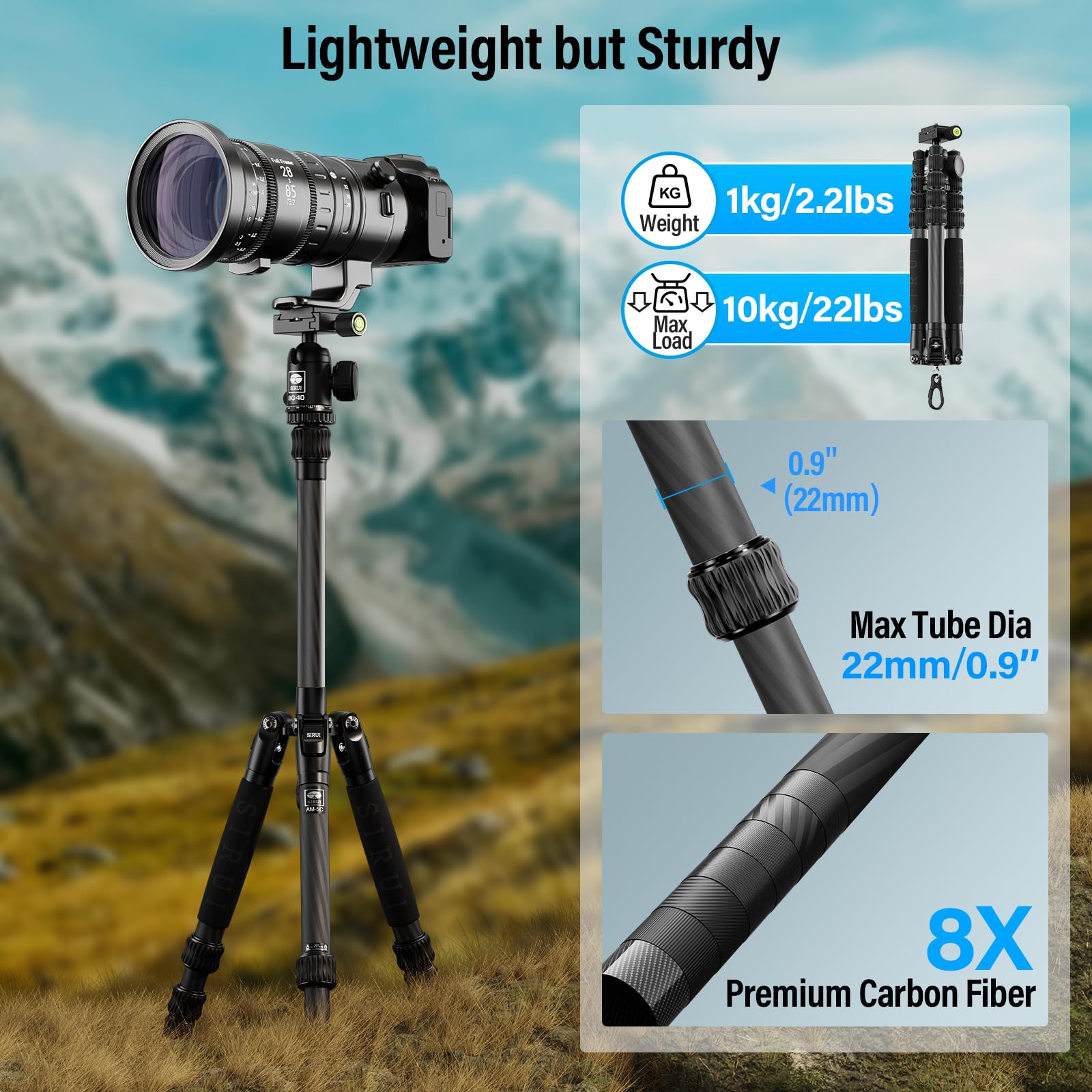 SIRUI AM-5C Carbon Reisestativ 1 kg 140 cm Höhe 10 kg Traglast 360° Kugelkopf für DSLR Systemkameras