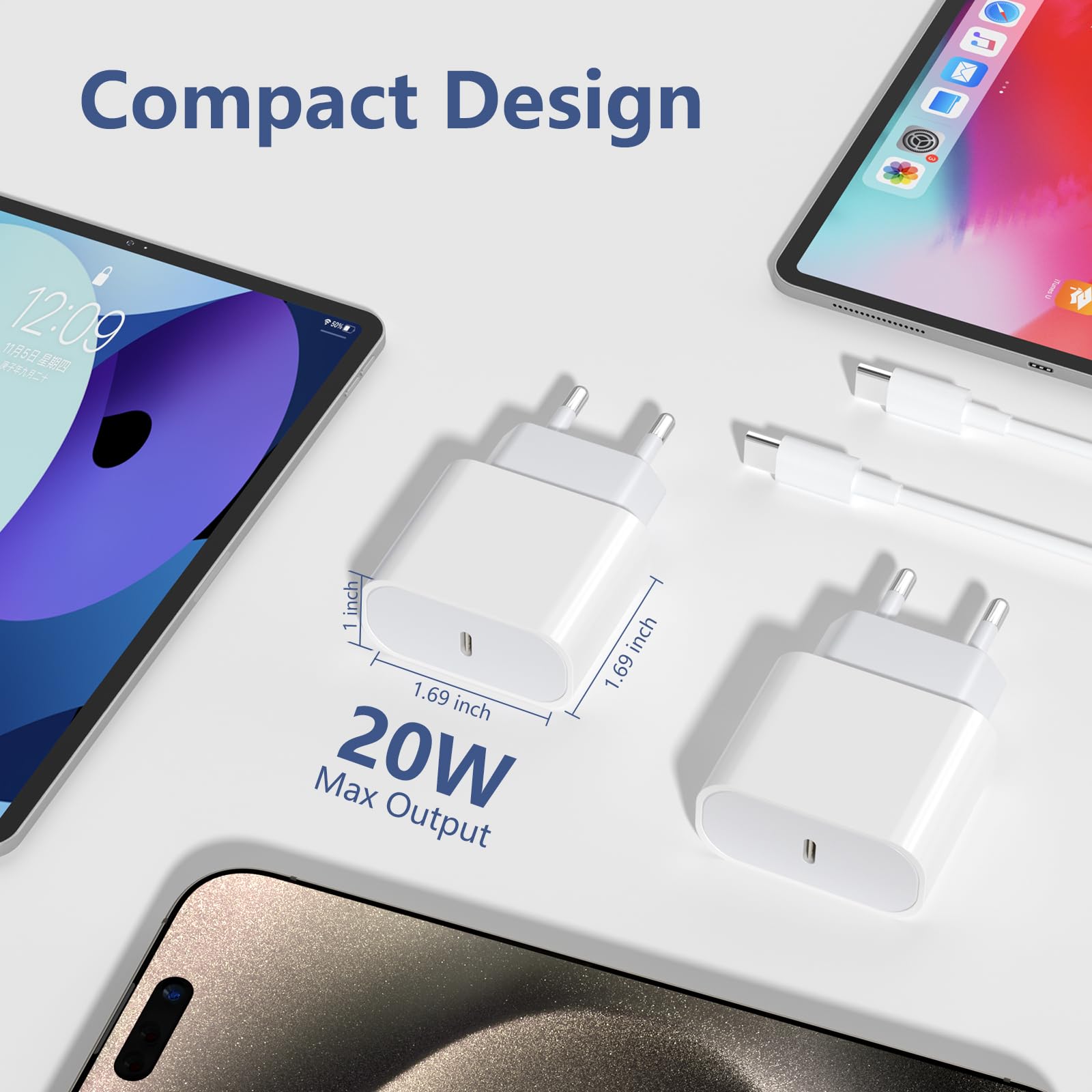 Caricatore per iPhone 20W USB C Caricabatterie per iPhone 16/16 Pro/16 Pro Max/16 Plus/15/15 Pro/15 Pro Max/15 Plus, 2 Pack Presa USB C Caricabatterie con 2M Cavo USB C per Galaxy, per i-Pad Pro
