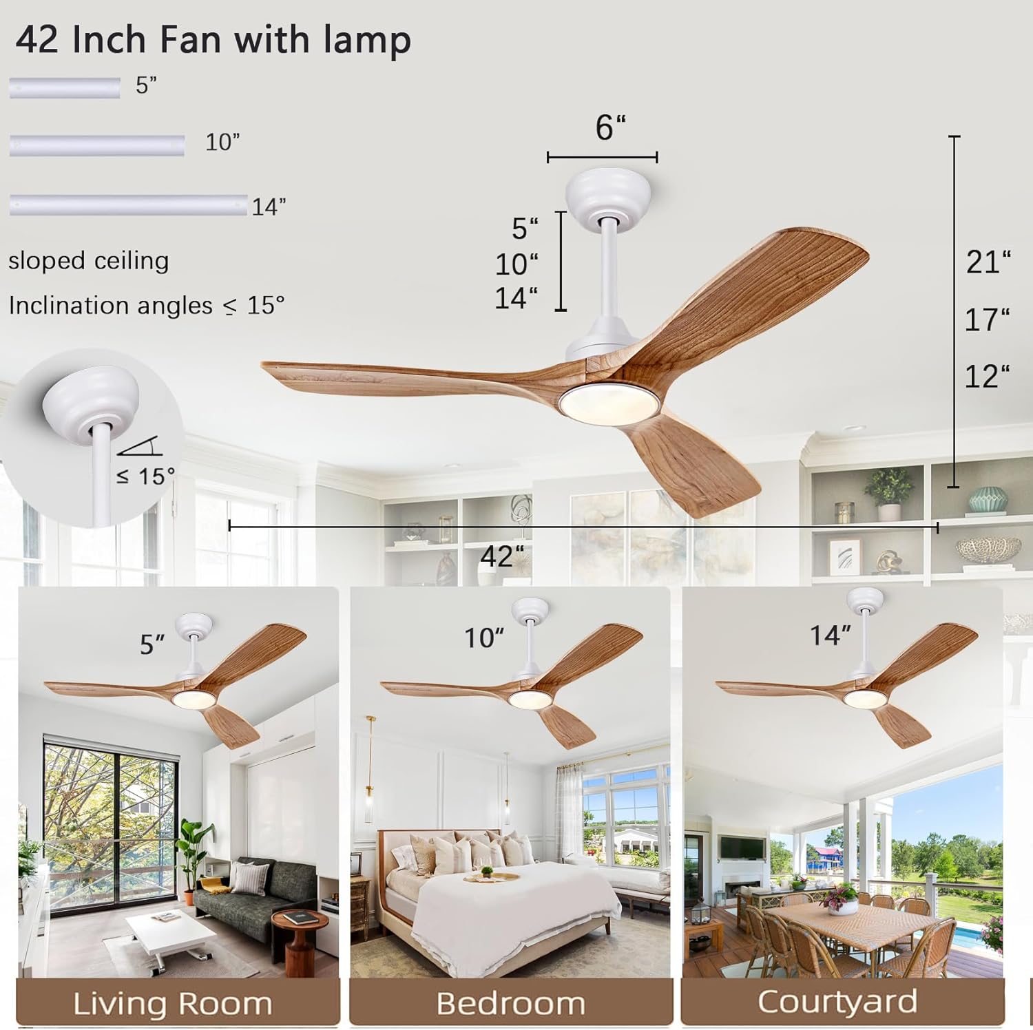ceiling fans with lights, 42 inch ceiling fan with remote/app control,3cct dimmable light,noiseless reversible dc motor,3 solid wood blades,indoor/outdoor ceiling fans for bedroom,farmhouse,patio raw wood 42 inch