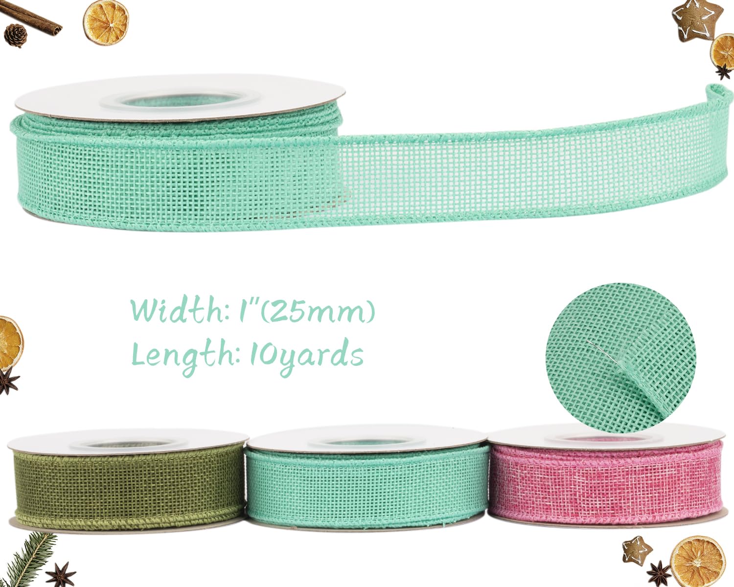 Tekdeere Burlap Ribbon 25mm x 9 Meters, Aqua Wired Ribbon for Crafts, Gift Wrapping, Wreaths, Bows, Tree Decoration and Outdoor Decoration - Image 2