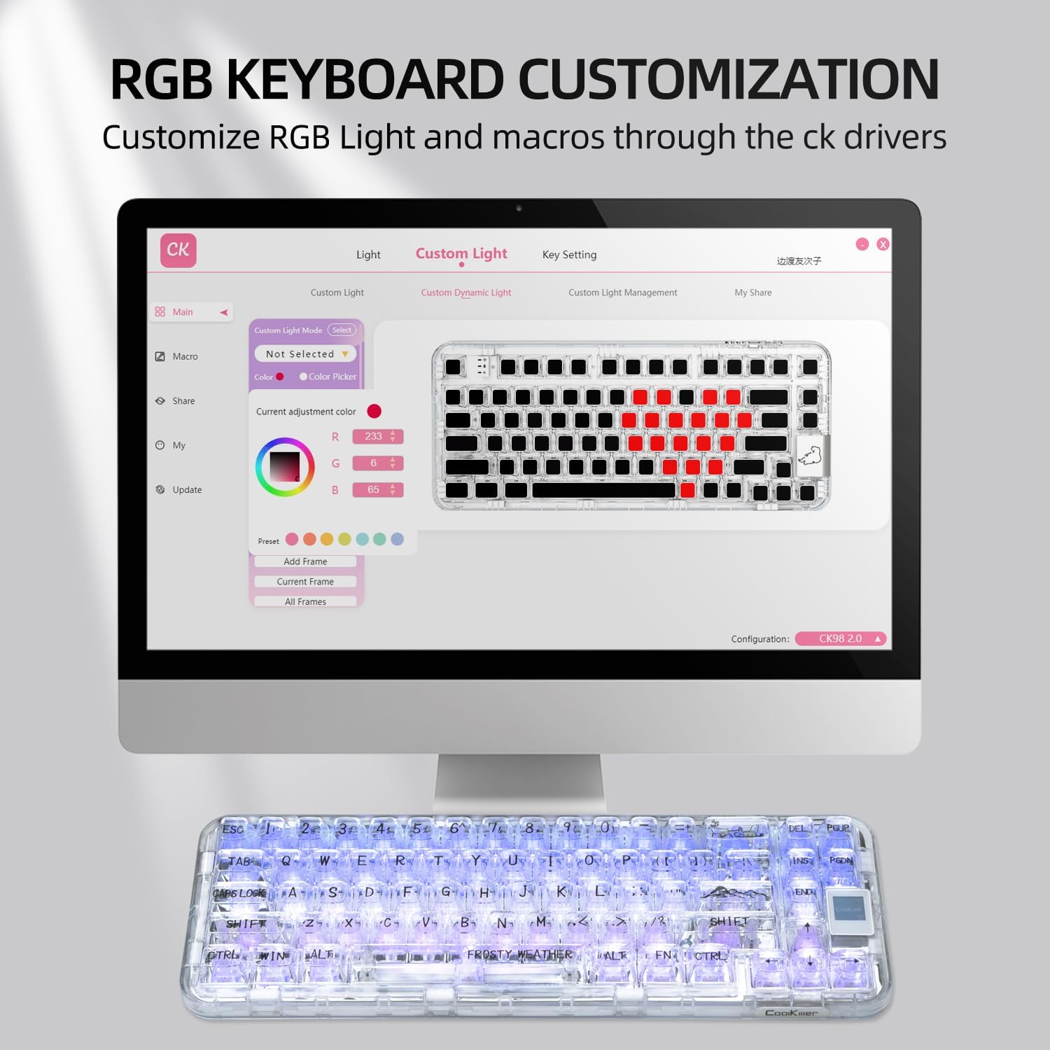 CoolKiller CK68 65% Tri-Mode Wireless Mechanical Keyboard with OLED Display, Hot-Swappable Gasket Mount, RGB Backlit, BT5.1/2.4G/USB-C, for Windows & Mac, Ice Blade Tactile Switches