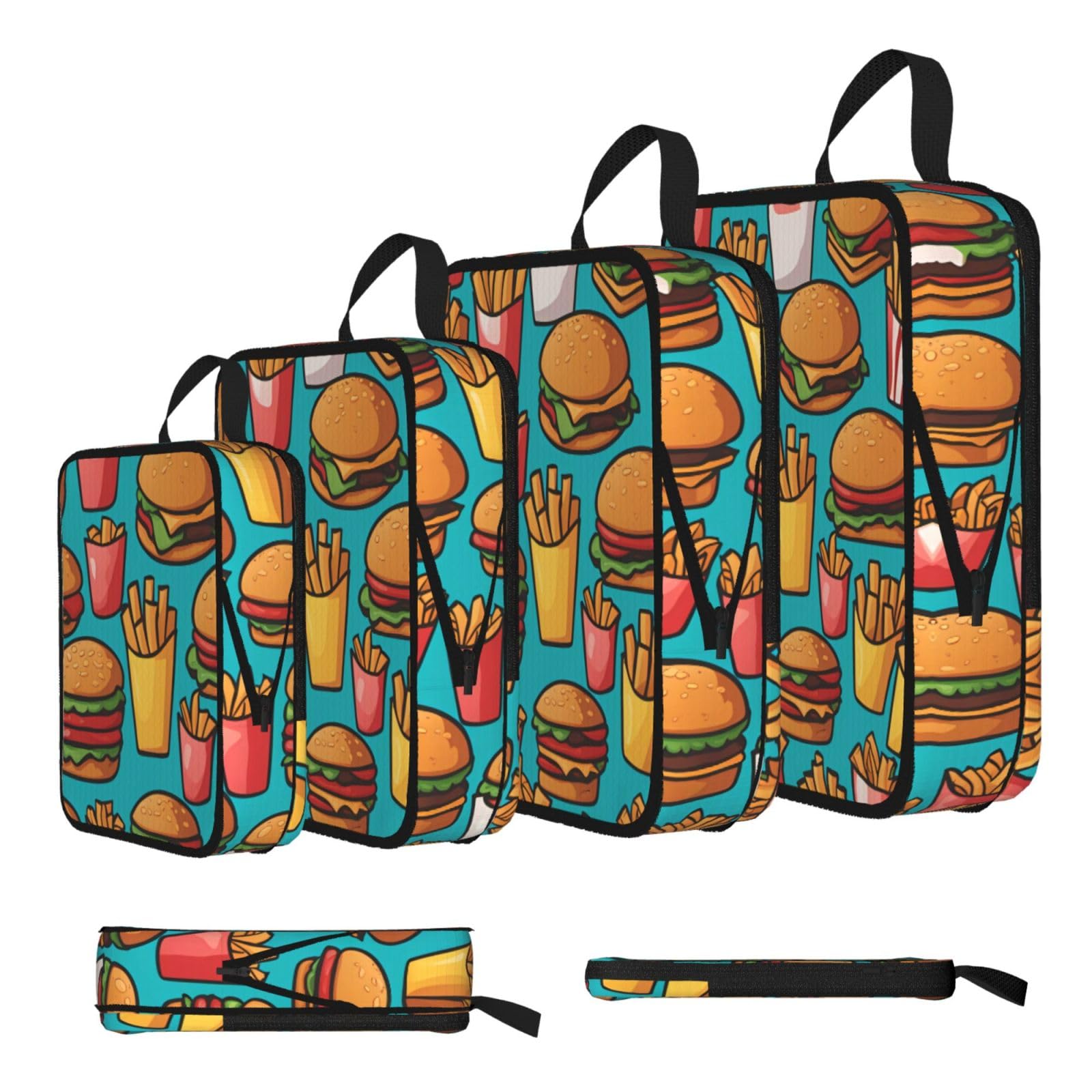 Sxzvvbn Black Cartoon Burger Fries Compression Packing Cubes 4 Piece Set
