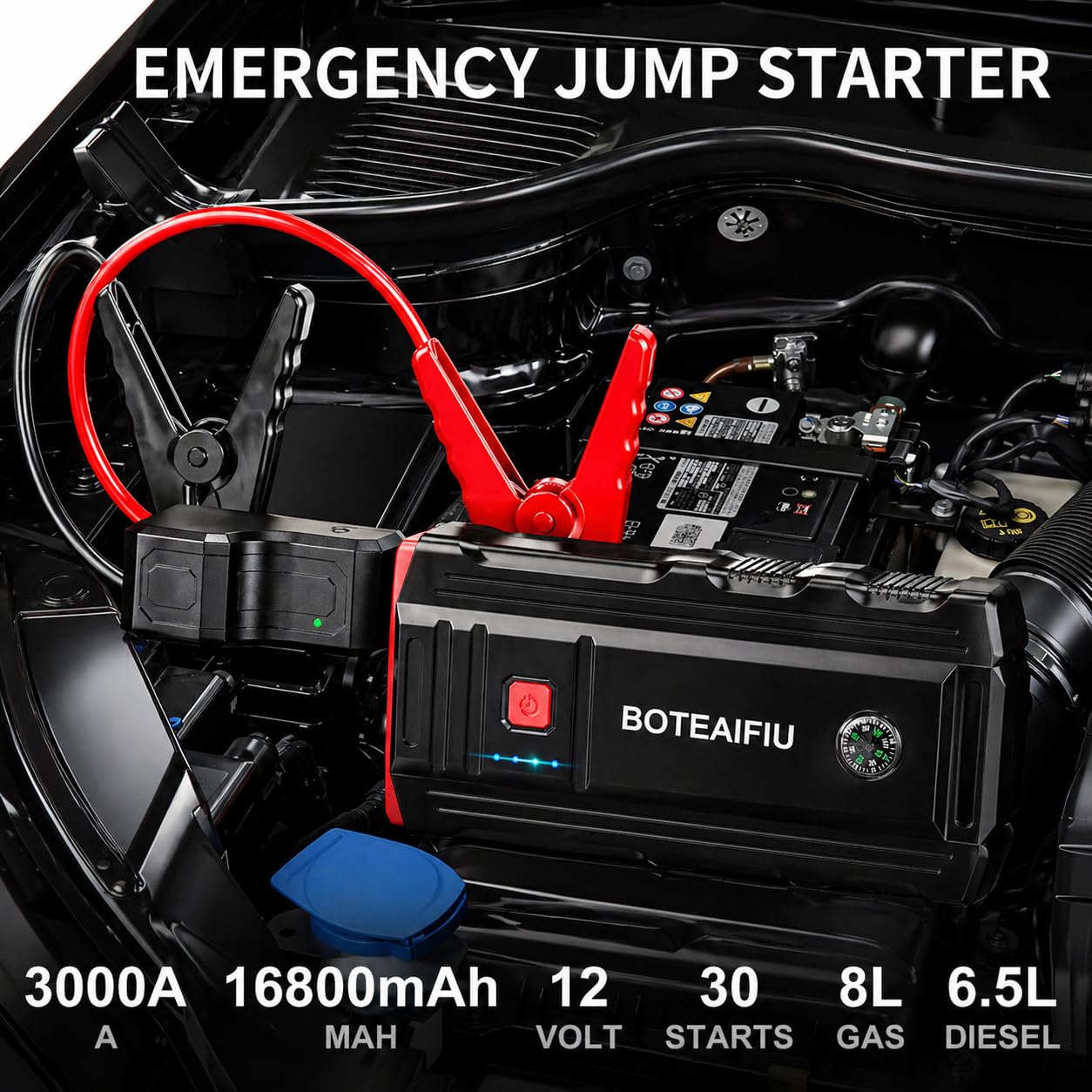Starthilfe Powerbank,2000A Auto Starthilfe für 8.0L Benzin und 6.5L Auto Batterie Booster Starter Powerbank Tragbares mit LED Taschenlampe für 12V Fahrzeuge SUV Motorrad ATV Rasenmäher