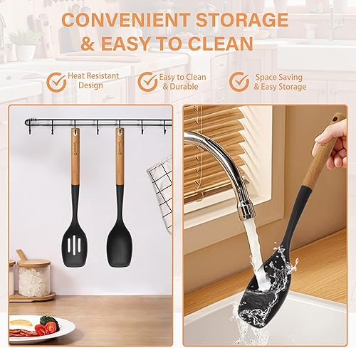 Miniatura 7 de Juego de utensilios de cocina de silicona grande, juego de 4 utensilios de cocina con mango de madera, kit de utensilios de silicona resistentes al