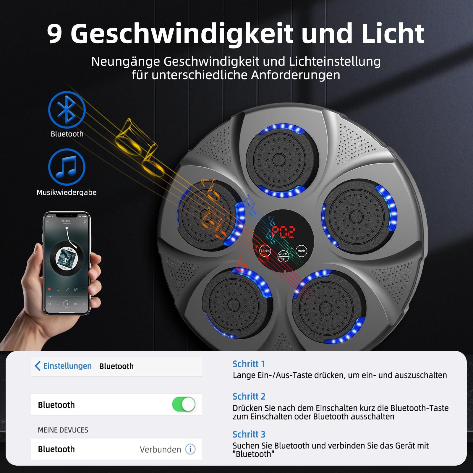 HotHands Music Boxing Machine, LED Musik Boxmaschine Unterstützt Bluetooth, 9 Geschwindigkeitsmodi und Zählmodus,Intelligente Elektronische Musik Box Trainingsgerät für Erwachsene für Haus